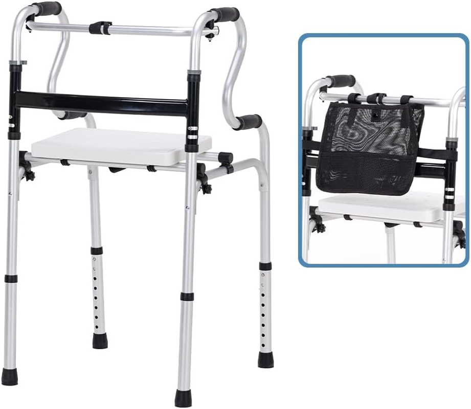 Folding Walker with Seat and Storage Bag,Adjustable Height, 2-In-1 Fixed，Cross Walk Modes, Portable Aluminum Alloy,Walkers for Seniors, Disabled, Mobility-Impaired Users