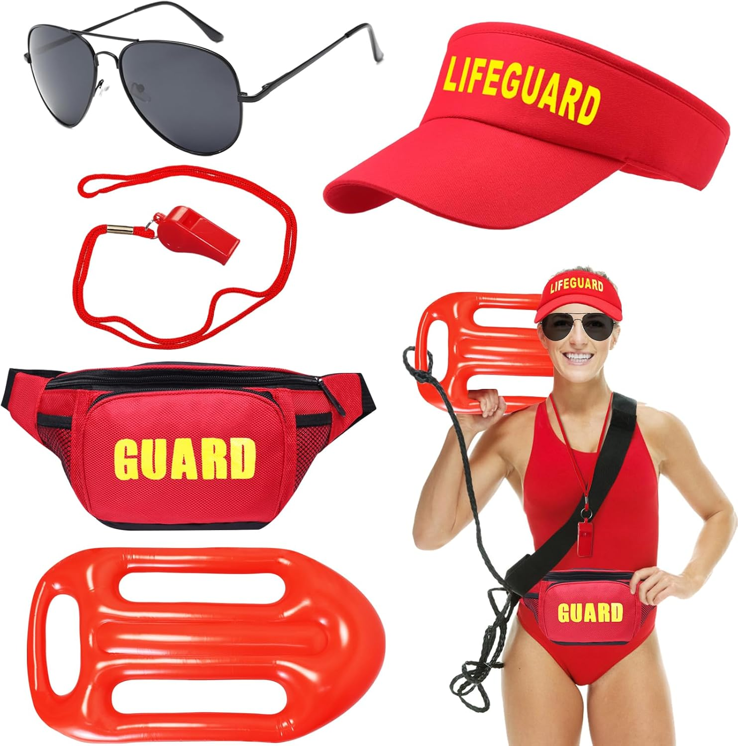 5Pcs Life Guard Accessories Kit Include Inflatable Float Prop Bucket Hat Adjustable Fanny Pack Whistle Sunglasses Lifeguard Fancy Dress Costume for Adults Women Men Halloween Cosplay Party