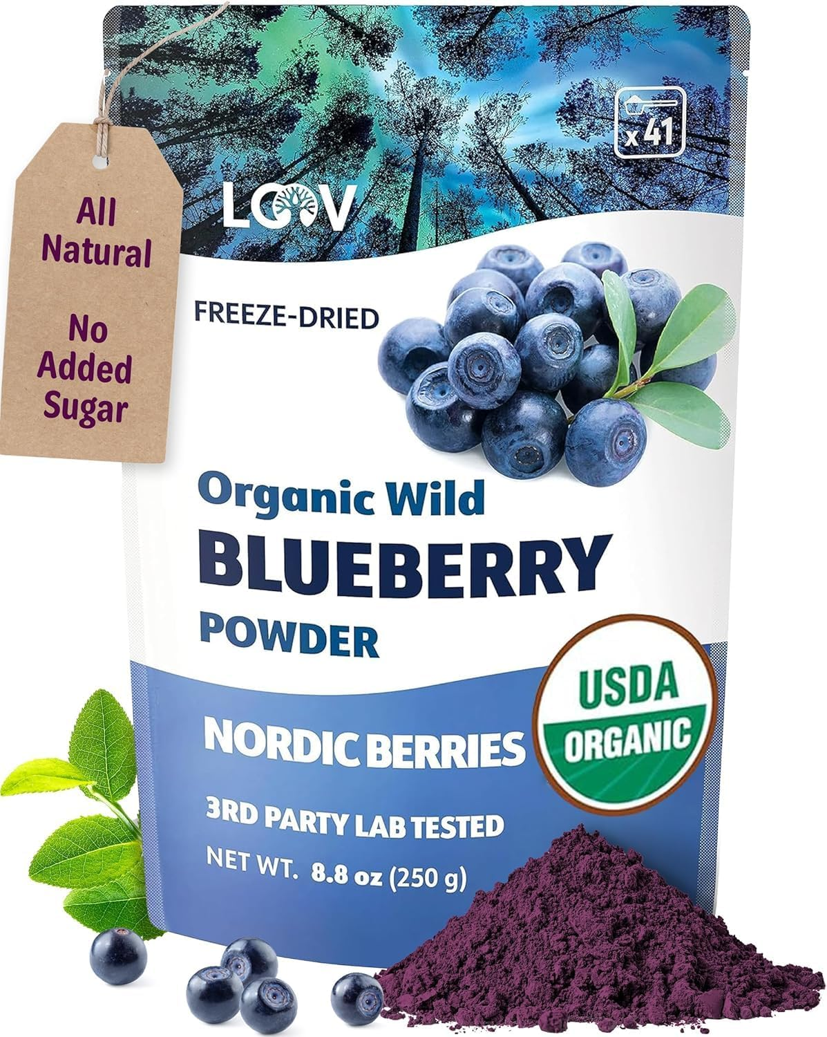 LOOV Organic Wild Blueberry Powder, Wild-Crafted from Nordic Forests, 100% Whole Fruit Bilberry, 52-Day Supply, 250 Grams, Freeze-Dried and Powdered Blueberries, No Added Sugar image number 1