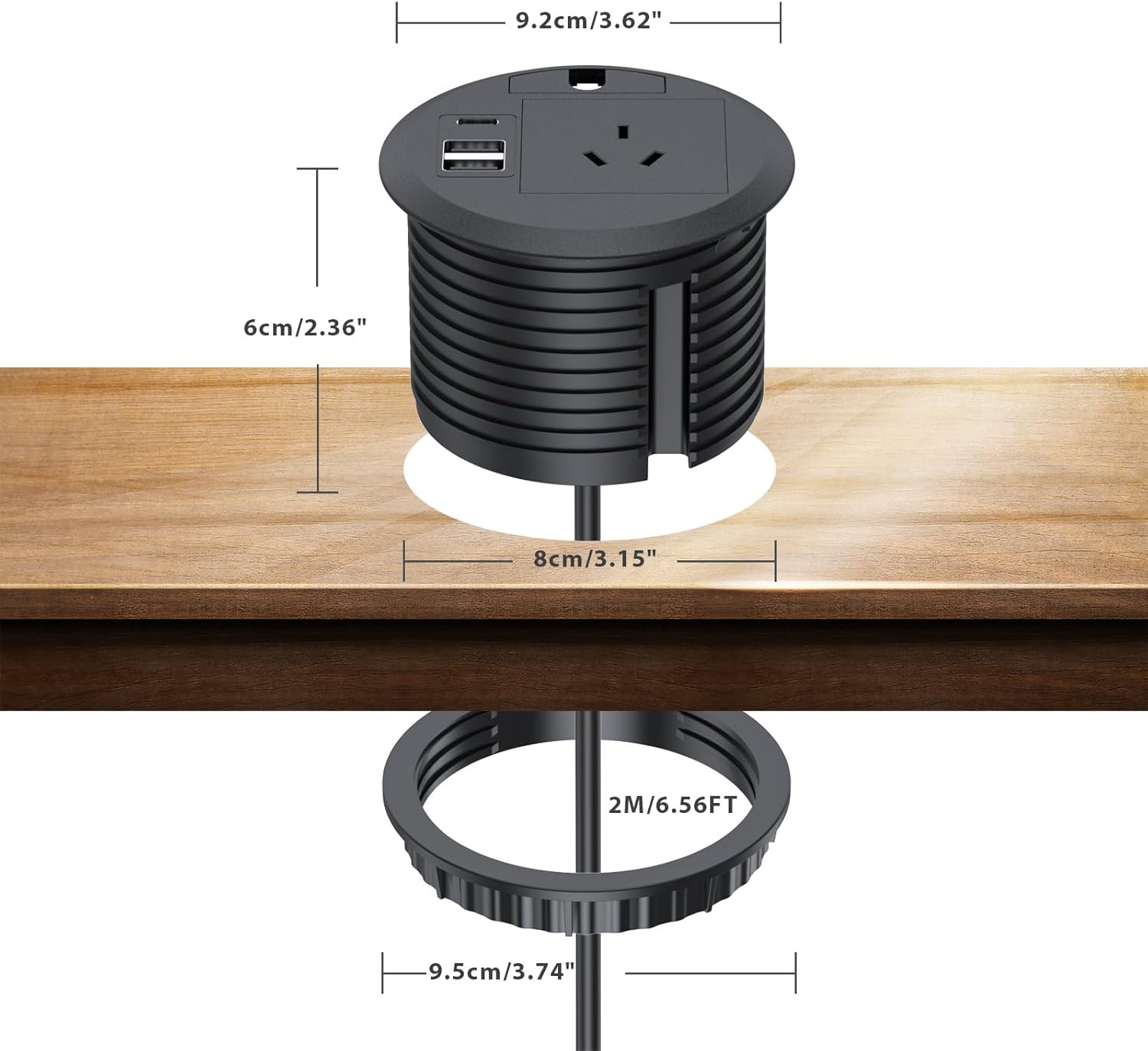 Desk Power Grommet, Haiaoyyds Recessed Power Board with AC Outlets, PD 20W USB C Port, 2 USB a Ports, 2M Cable, 80Mm Hole Grommet, Furniture Power Board for Home Office Workshop, Black image number 2