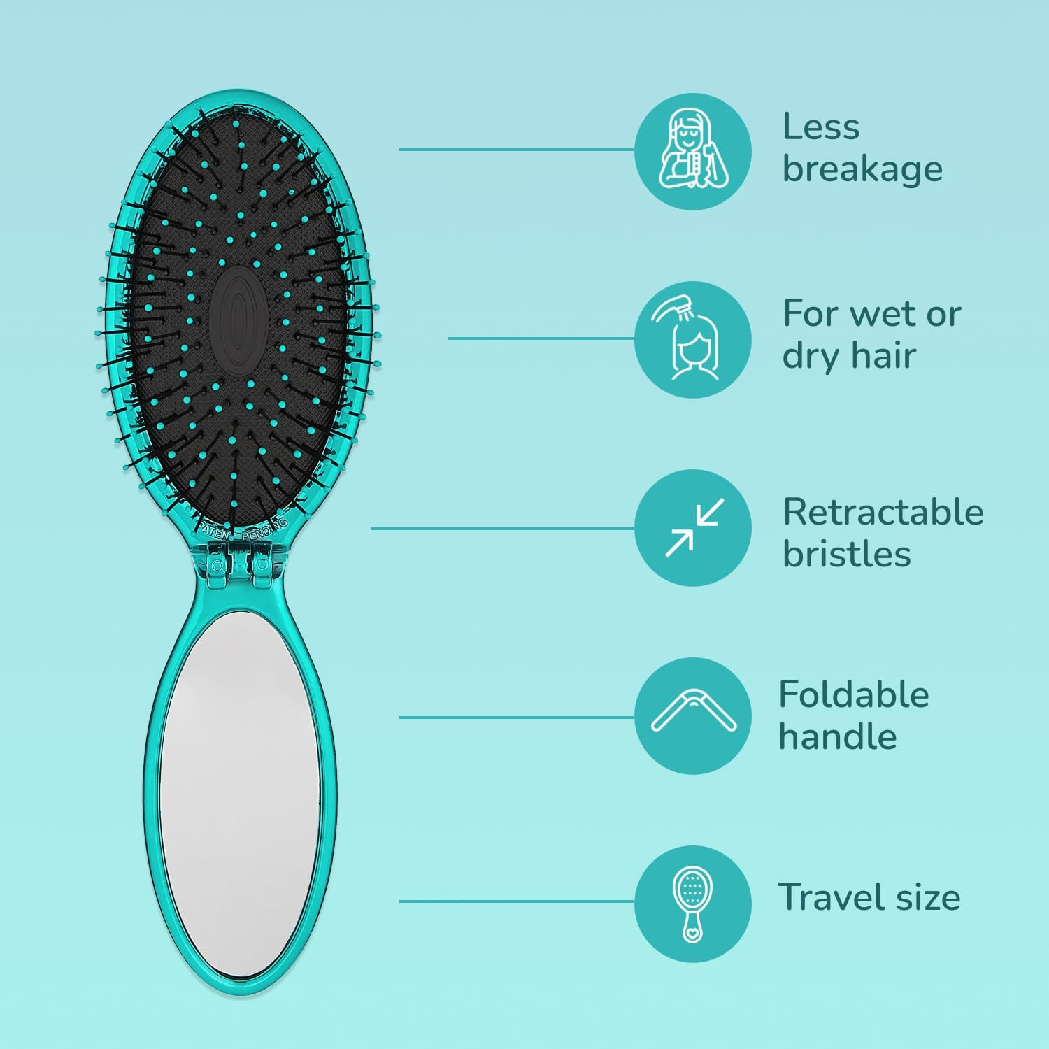 Wet Brush Pop Go Detangler, Blue Teal - Foldable, On-The-Go Design, Travel Brush, Ultrasoft Intelliflex Bristles, Detangling Hairbrush, Built-In Mirror Handle, Wet & Dry, All Hair Types (Pack of 2) image number 2