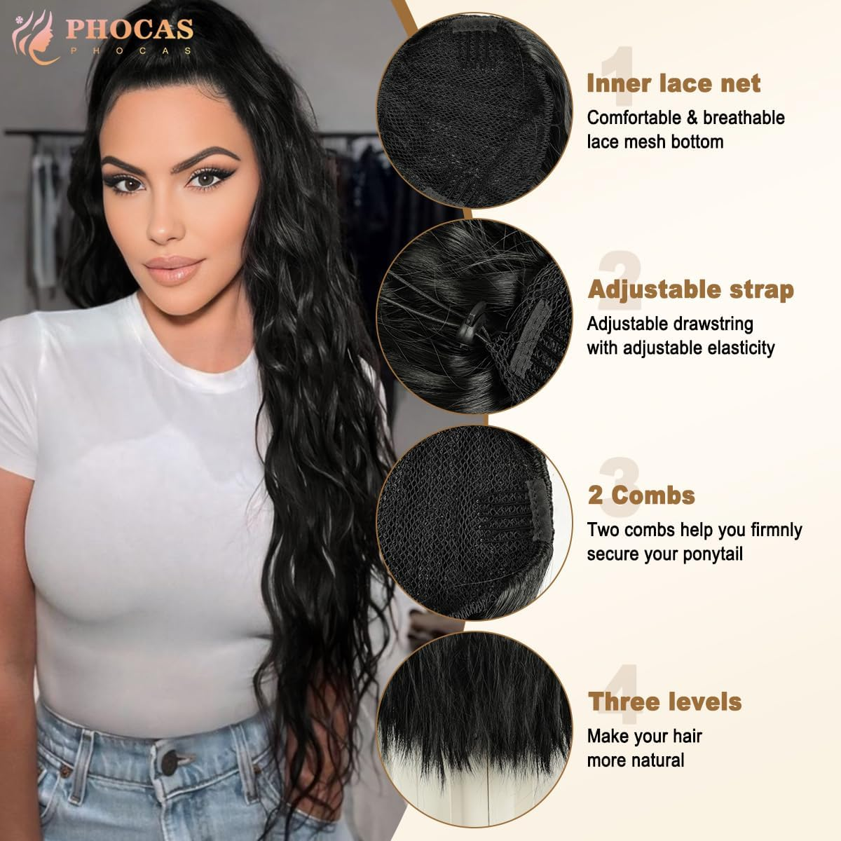 PHOCAS Drawstring Ponytail Extension,Long Wavy Ponytail Extension Black Synthetic Hairpiece Long Hair Extension for Women Daily Use (24Inch) image number 4