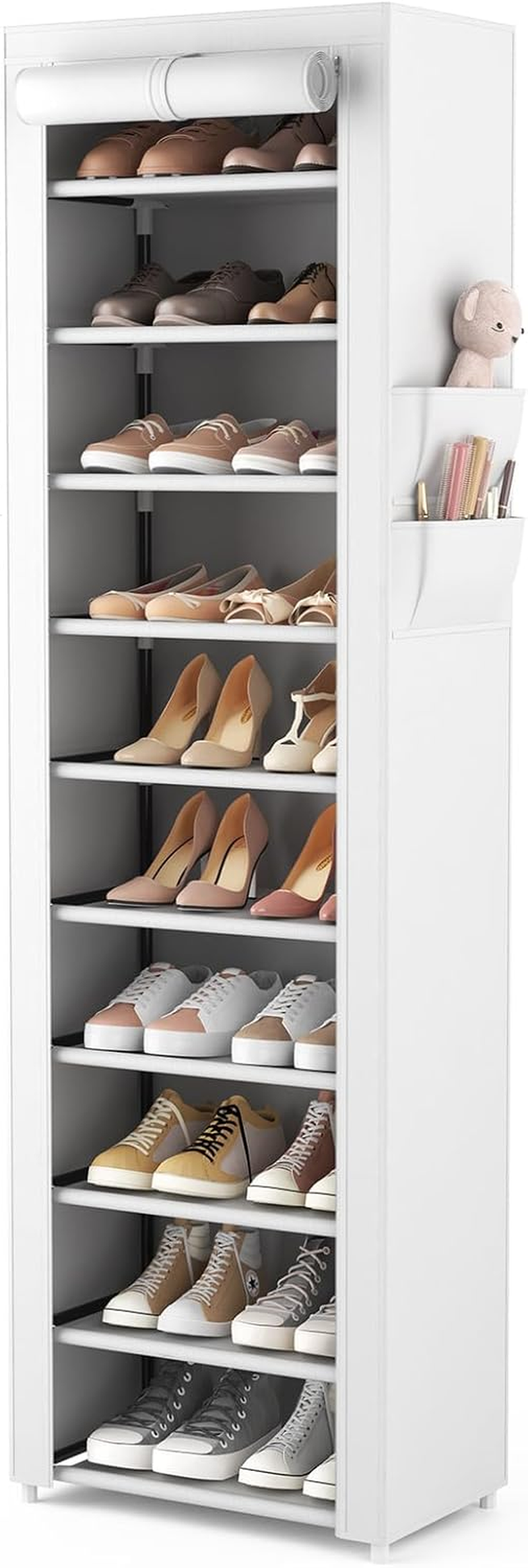 VTRIN Vertical Narrow Shoe Rack Organizer Tall Shoe Rack for Closet Entryway 10 Tier Non-Woven Cover Shoe Shelf Holds 20-22 Pairs Free Standing Shoe Storage Cabinet with Dustproof Cover, Grey
