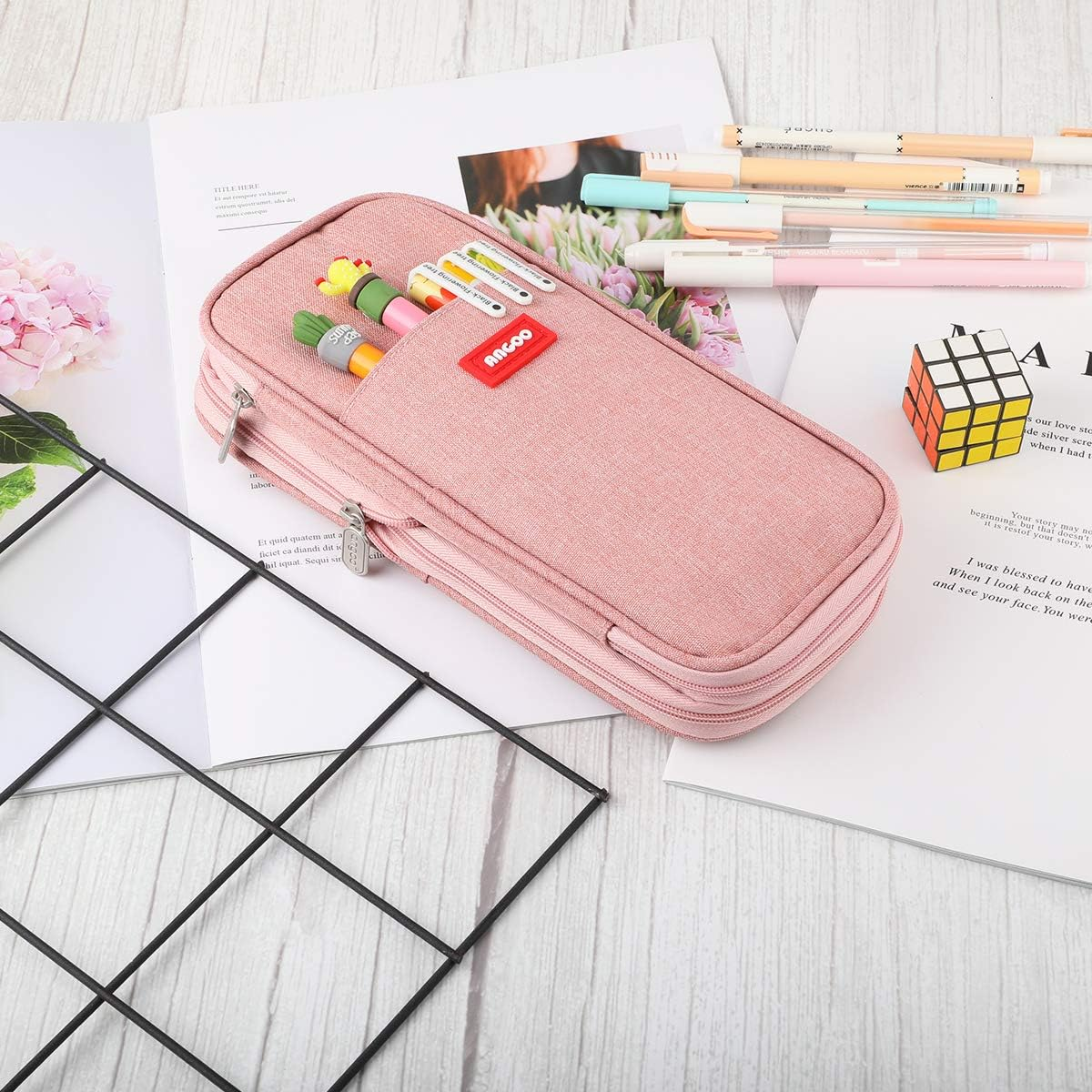 Isuperb Pencil Case Large Capacity Student Canvas Pencil Case Storage Bag Double Zipper Pencil Box for School, Pink1, Modern image number 2