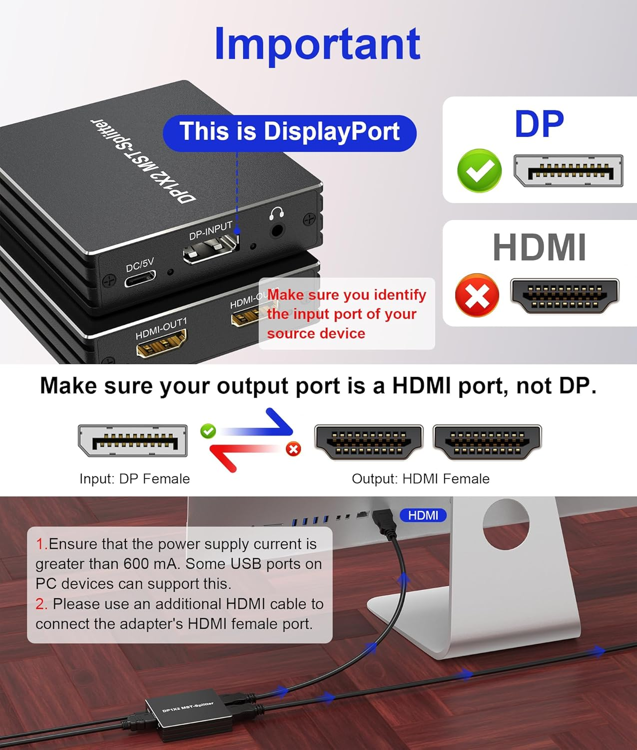 4K Displayport to 2 HDMI Splitter 1 in 2 Out for Dual Monitors Extended Display - 4K@60Hz DP to Dual HDMI Splitter 1X2 Support Extend & Mirror Display for Desktop, Laptop, NVIDIA, AMD Graphics Card image number 3