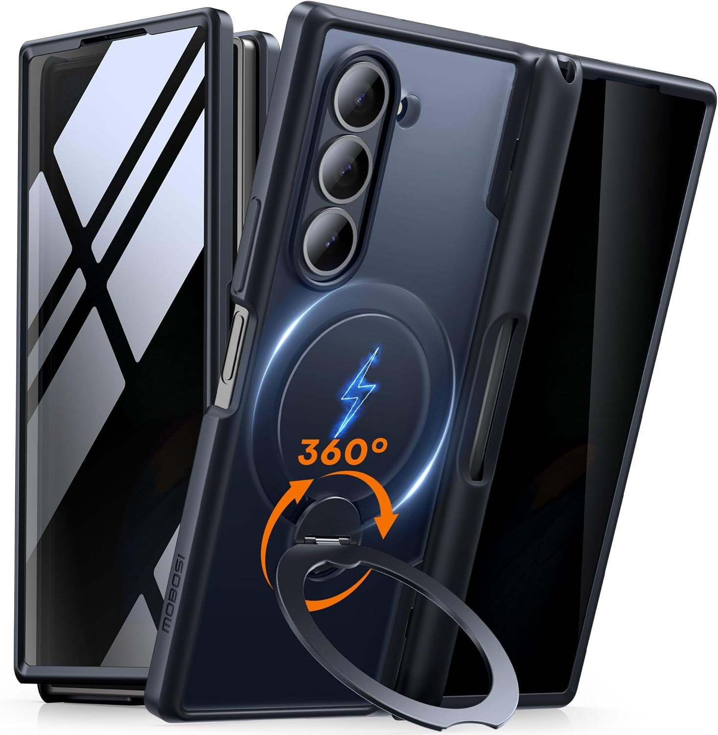 MOBOSI Upgraded 360&deg; Spin Magnetic Ring Stand for Z Fold 6 Case with S Pen Slot, Compatible with Magsafe, 18FT Military Grade Protection, Shockproof Case for Samsung Galaxy Z Fold6, Privacy Blue