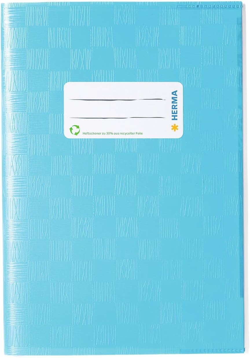 HERMA Exercise Book Cover A5, with Inscription Label, Made of Wipeable and Sturdy Plastic, Slip on Cover Jackets for School, White - Light Blue