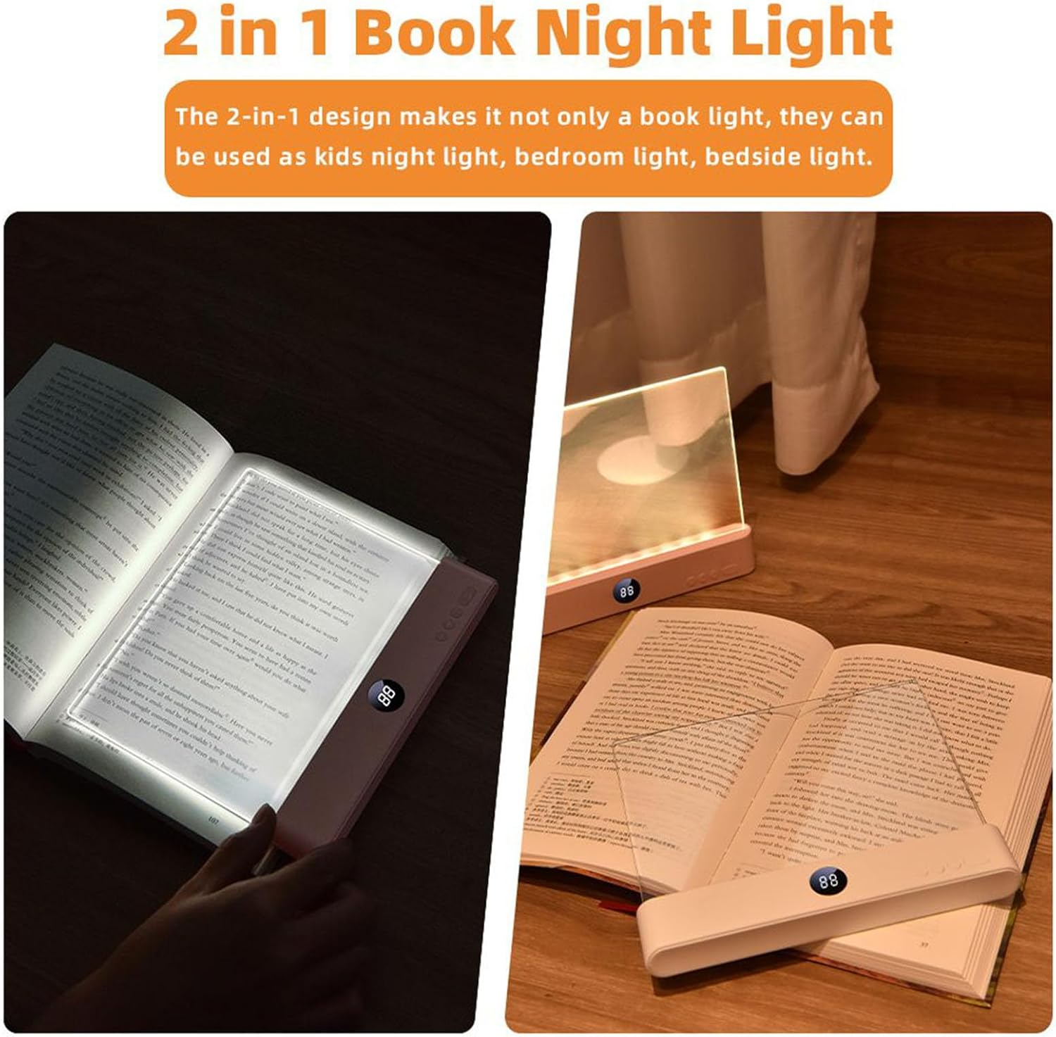 Book Light, Rechargeable Clear LED Flat Book Lights for Reading in Bed at Night with 3 Colors & Timer, Dimmable Panel Plate Books Lamp Full Page Lights, for Women Readers Kids Books Lovers - Pink image number 3