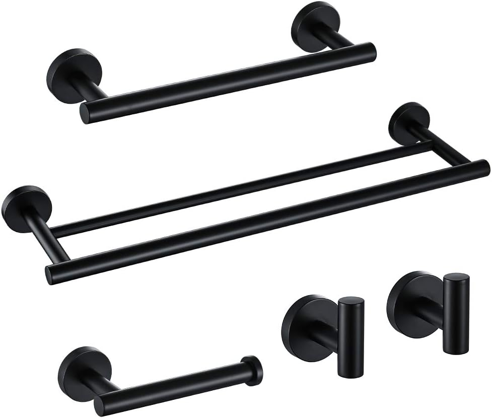 TURS Brushed Gold 5 Piece Bathroom Hardware Set, SUS304 Stainless Steel 24 Inch Bath Towel Bar Set, round Bathroom Accessories Kit Wall Mounted