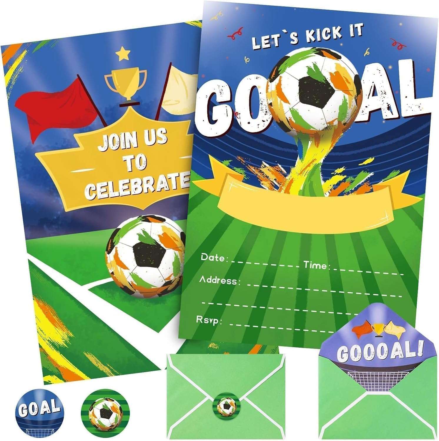 WERNNSAI 24 Set Soccer Birthday Invitations with Envelopes - Soccer Ball Birthday Party Supplies for Kids Boys Football Sport Blank Party Invites Cards with Goal Stickers for Baby Shower Celebration