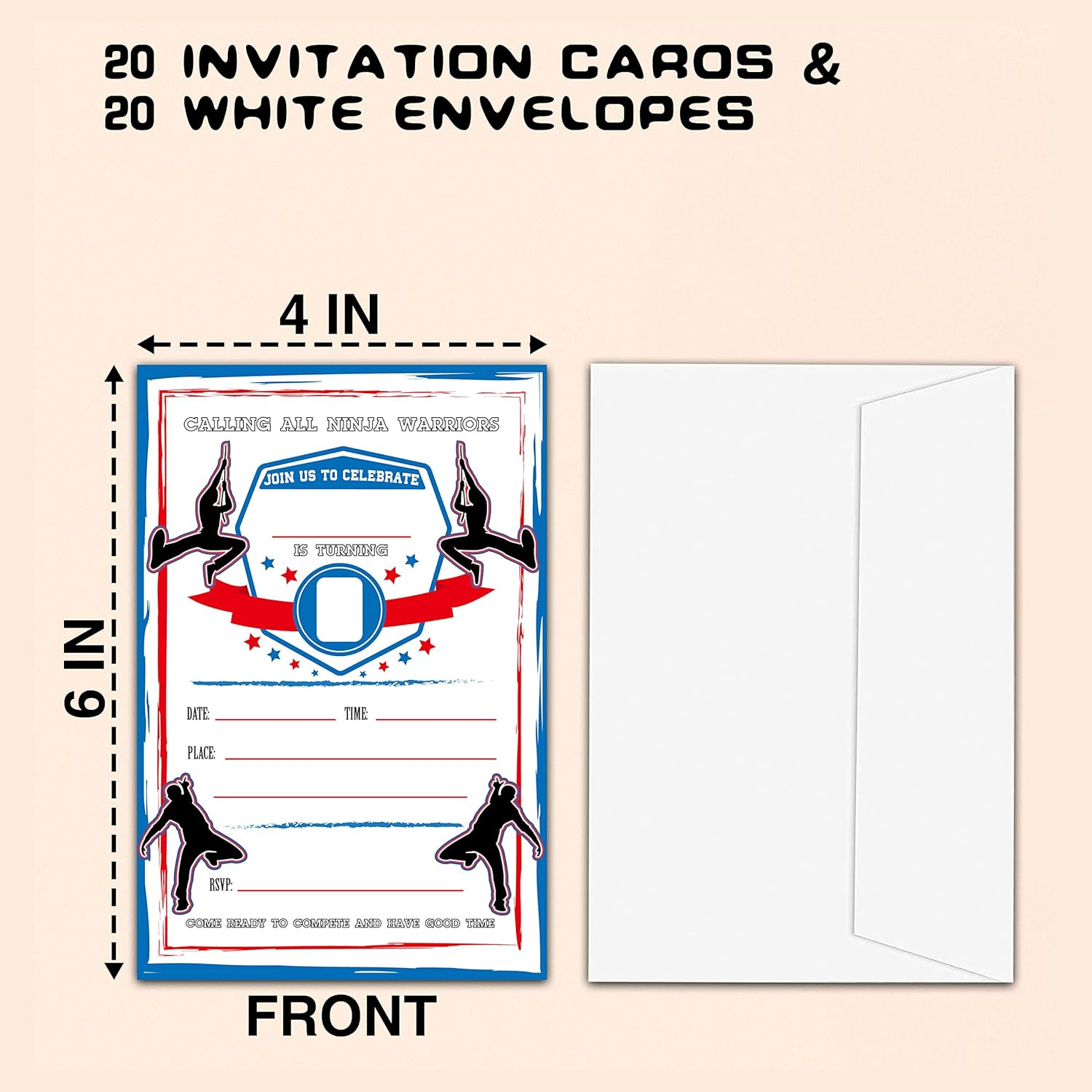 CLIRBE Ninja Birthday Party Invitations, Ninja Warrior Birthday Invitations for Boys Girls, Kids Birthday Invites, Theme Birthday Party Decorations, 20 Invitations with 20 Envelopes - B18 image number 2