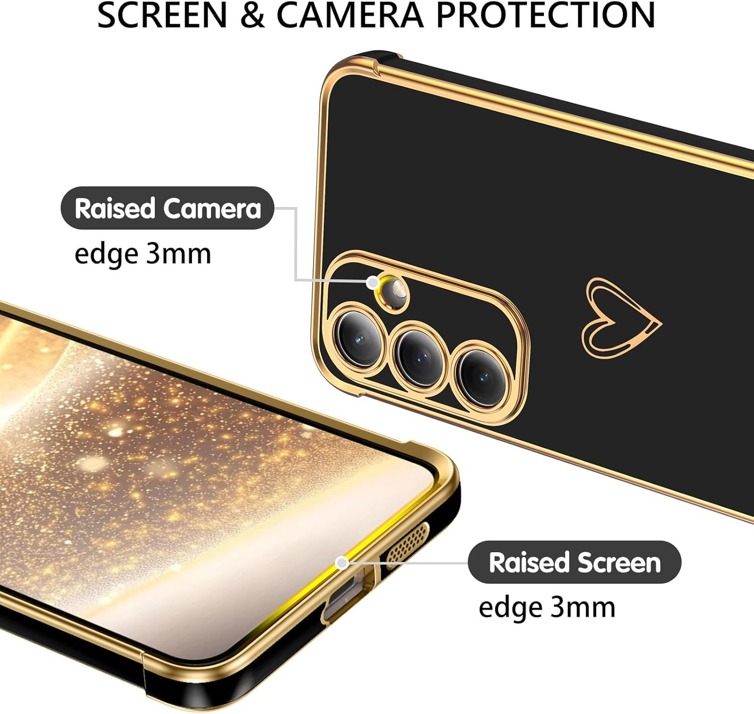 GUAGUA Case for Samsung S25 FE 5G 6.7", Cute Heart Pattern Cases Soft TPU Plating Cover for Women with Camera Protection & 4 Corners Shockproof Protection, Black image number 1