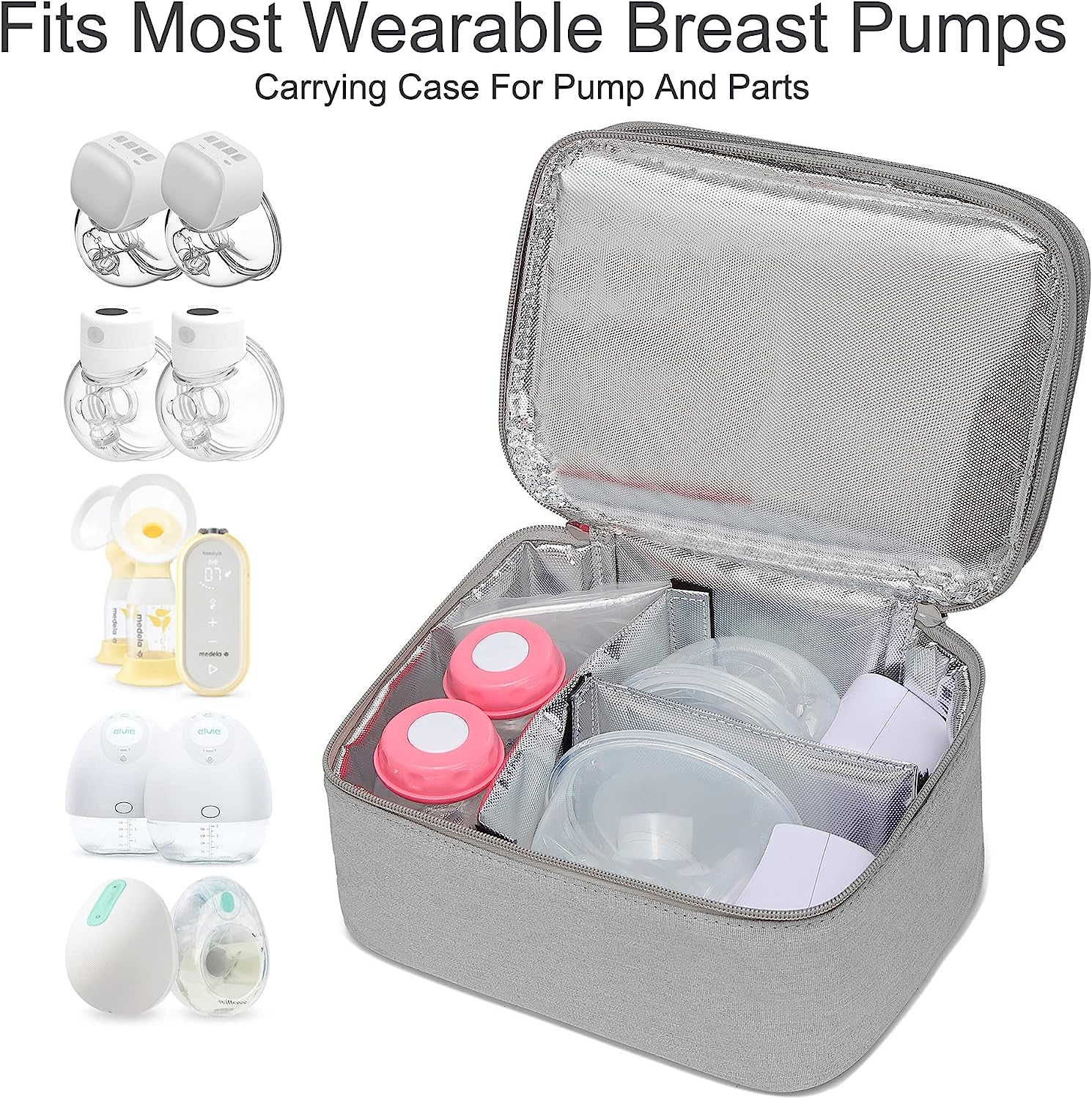 QIUXQIU Breast Pump Bag for Hands-Free Wearable Breast Pumps、Bottles,Pump Parts, and Storage Bag，Tote Bag，Multi-Function Breastmilk Cooler Bag Insulated Bag(Gray)