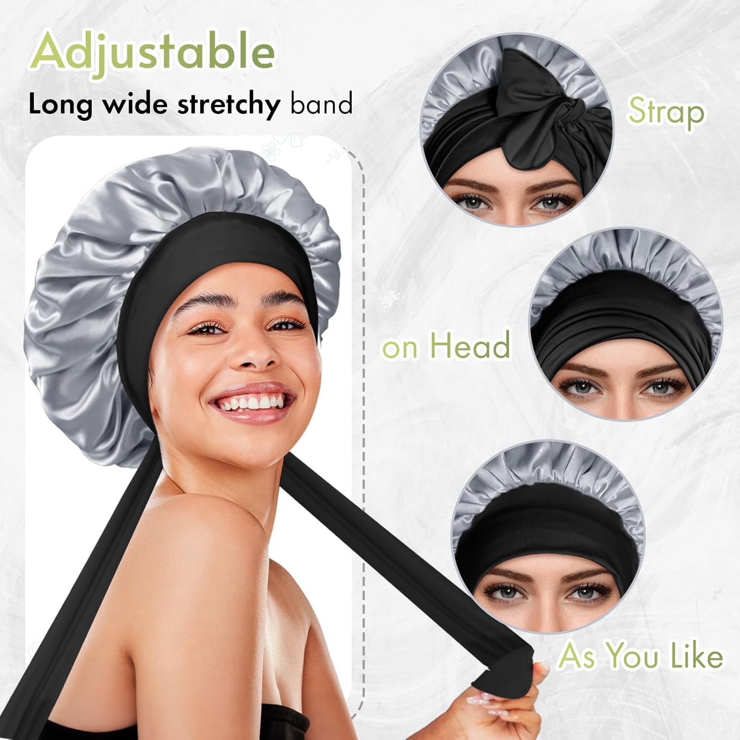 Bonnet Queen Silk Bonnet Satin Bonnet for Sleeping Women Double Layer Reversable Satin Sleeping Hair Cap Silk Bonnet with Wide Tie Band for Curly Hair, Medium Black+Silver image number 1