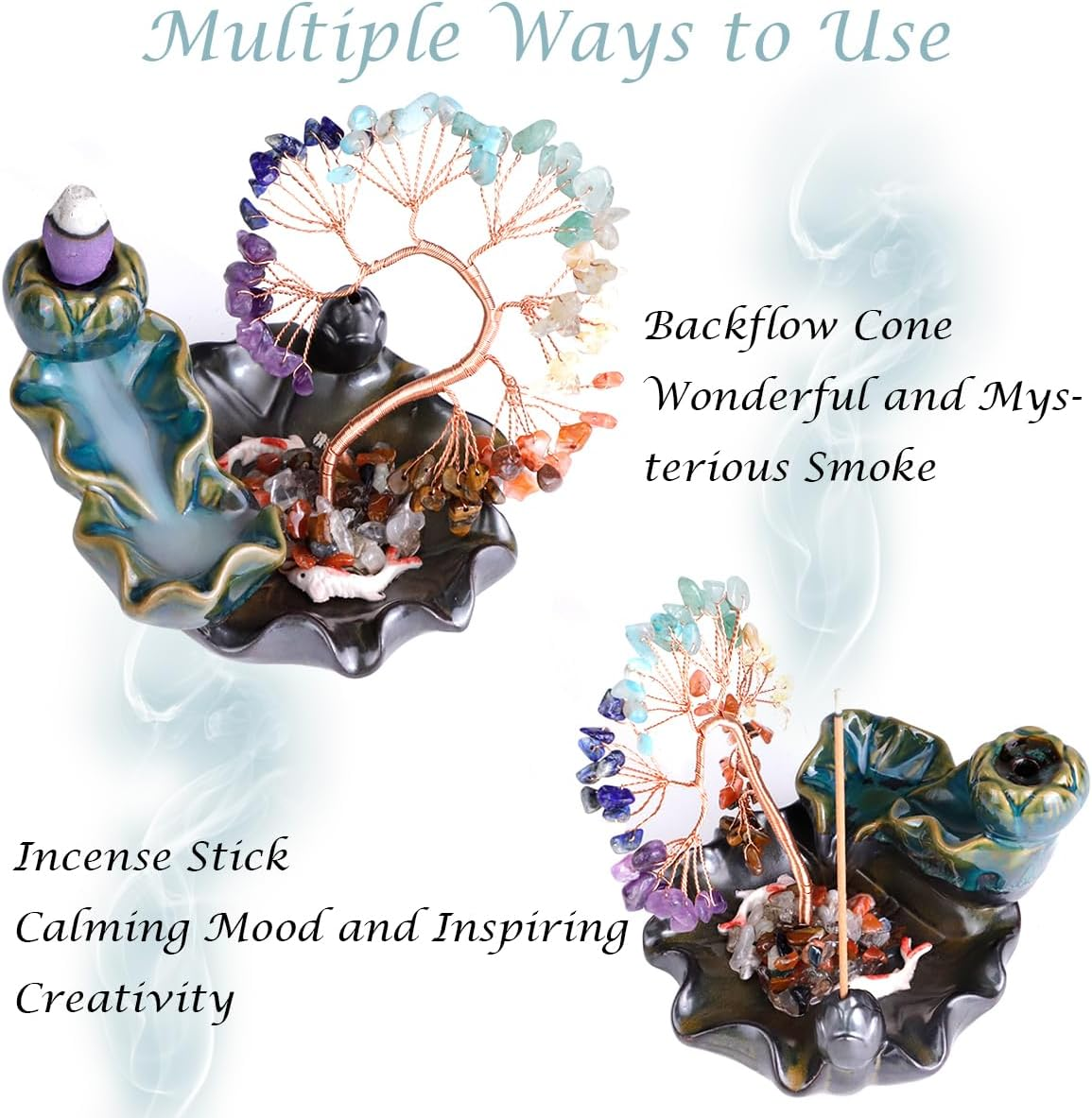 Waterfall Incense Burner, FHDUSRYO Backflow Incense Holder with Crystals Tree, 7 Chakra Crystal Censer Incense Stick Stand with 60 Incense Cones, 60 Incense Sticks, Aromatherapy Ornament Home Decor image number 4