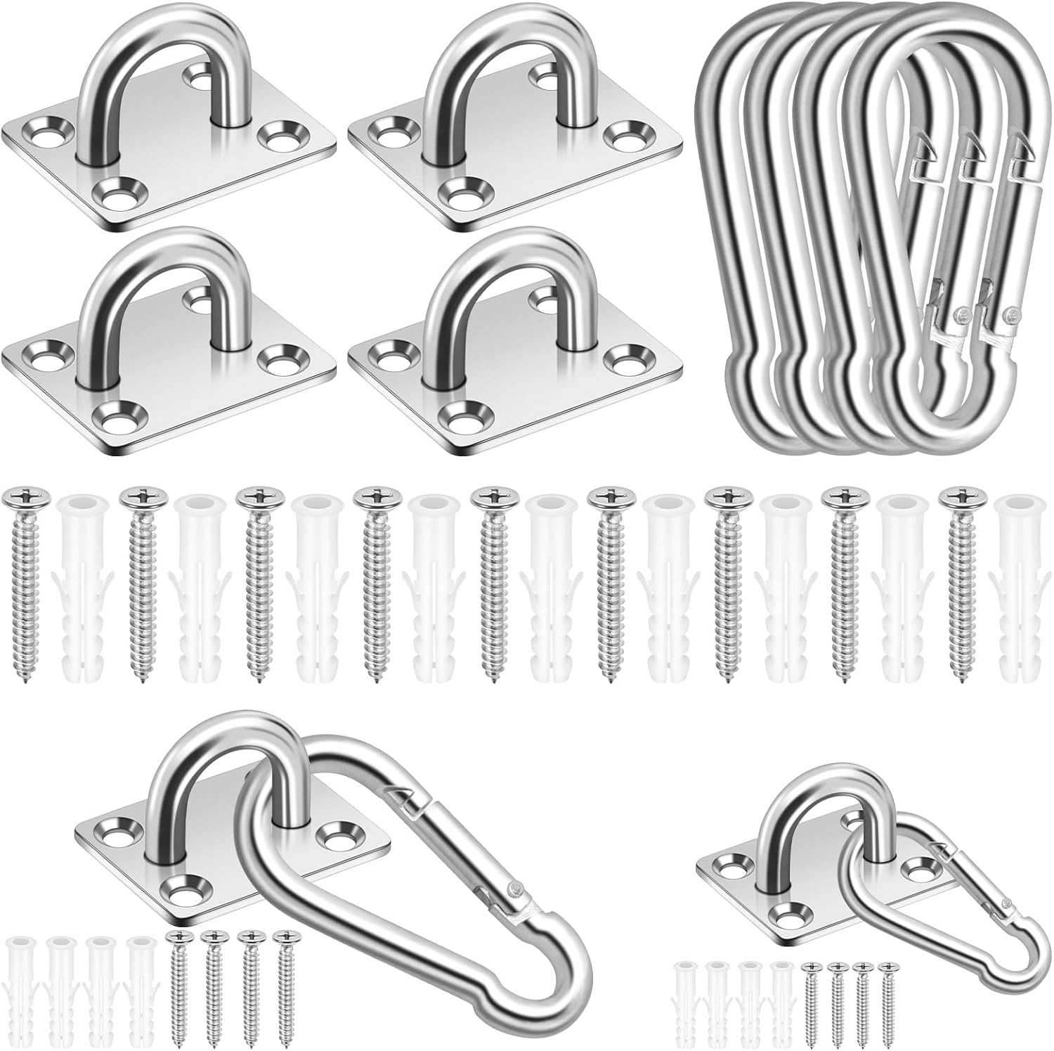 Glarks 40Pcs M8 Stainless Steel Pad Eye Plate Hook and Snap Hook Kit, Square Eye Plate U Hooks Heavy Duty Ceiling Hooks and Carabiner Clips Snap Hook for Ceiling, Mounting Hanging Hardware image number 3