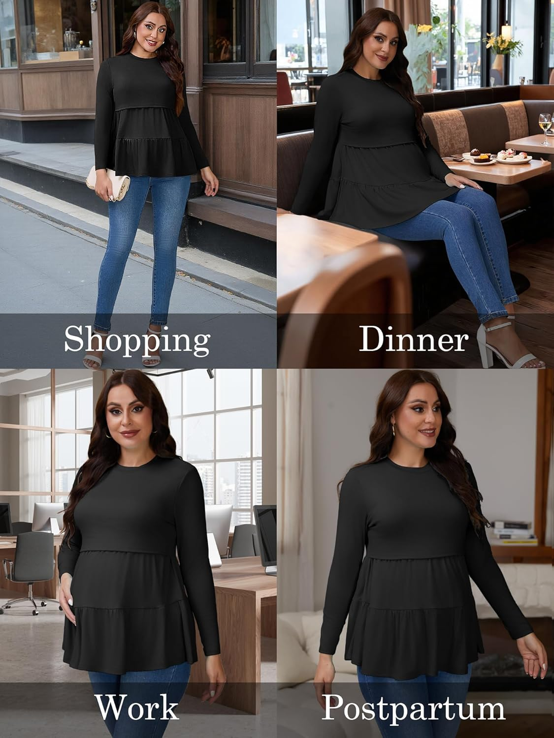 Cheibear Womens Nursing Top Ruffle Pleated Long Sleeve Tunic Rayon Postpartum Breastfeeding Shirt Pregnancy Clothes Black Large image number 4