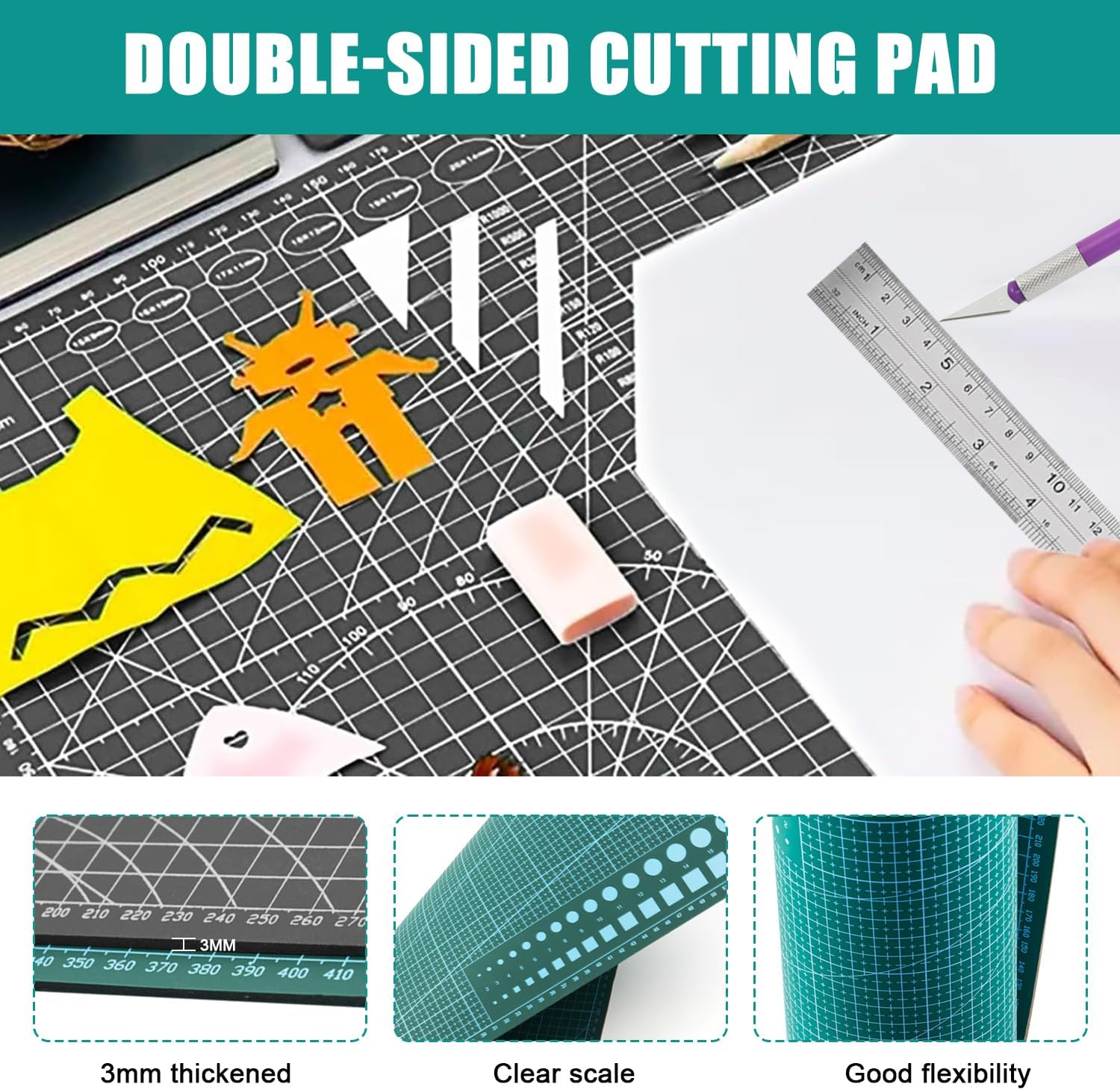 3Pcs Cutting Mat,Self Healing Cutting Mat A3 A4 A5,Double Sided Cutting Mats, Dressmakers Cutting Mat, Great for Scrapbooking, Quilting (A3(Green) A4(Black) A5(Green)) image number 4