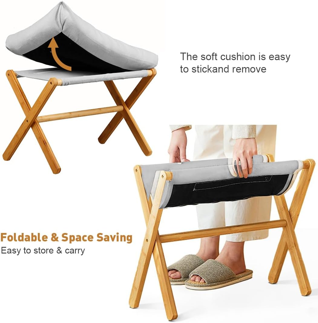 Huaniun Folding Foot Rest Cushion, Small Portable Bamboo Accent Ottoman, Footstool with Detachable Cotton Cushion Padded Comfort Foot Stool for Reading, Gaming, Office and Home image number 5