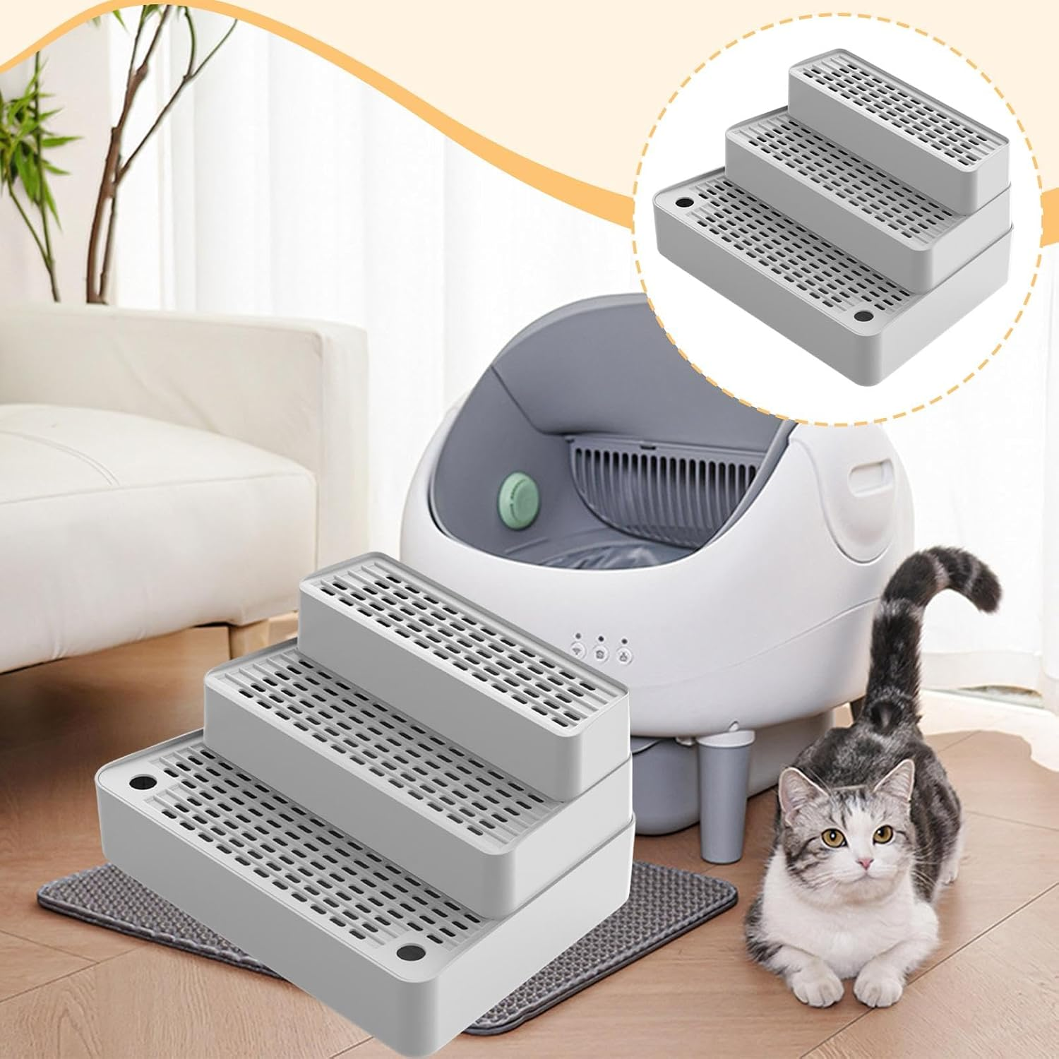 Generic Litter Box Ramp, Step Stool, Removable Mat, Washable Pad, Easy to Clean, Cat Litter Stairs, 3 Steps for Small Cats, Light Gray