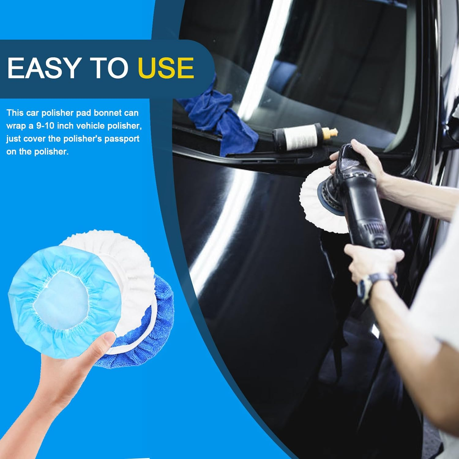 Glarks 12Pcs 9-10 Inch Car Polisher Pad Bonnet Set, Soft Microfiber/Synthetic Fleece/Non-Woven Fabric Polishing Bonnet Buffing Pad Cover Car Waxers Bonnet Set for Orbital Buffer Polisher image number 2