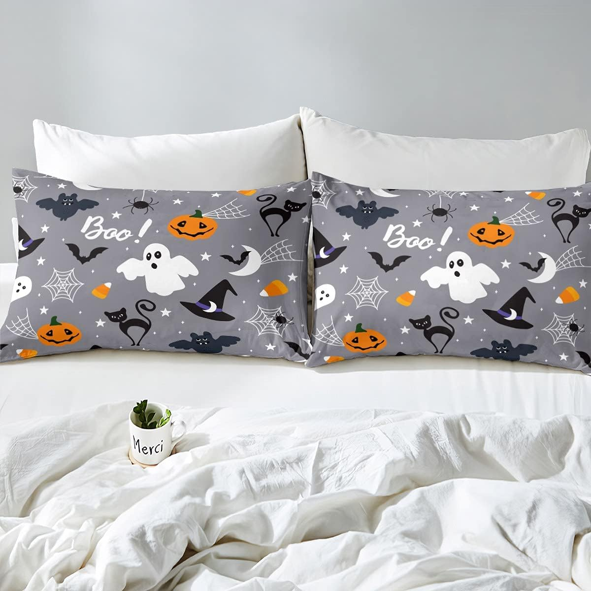 Gothic Spooky Bed Sheet Set Pumpkin Lantern Bedding Set for Kids Boys Teens, Ghost Spider Web Fitted Sheet Black Bat Cat Cobwebs Halloween Decor King Size Grey image number 2