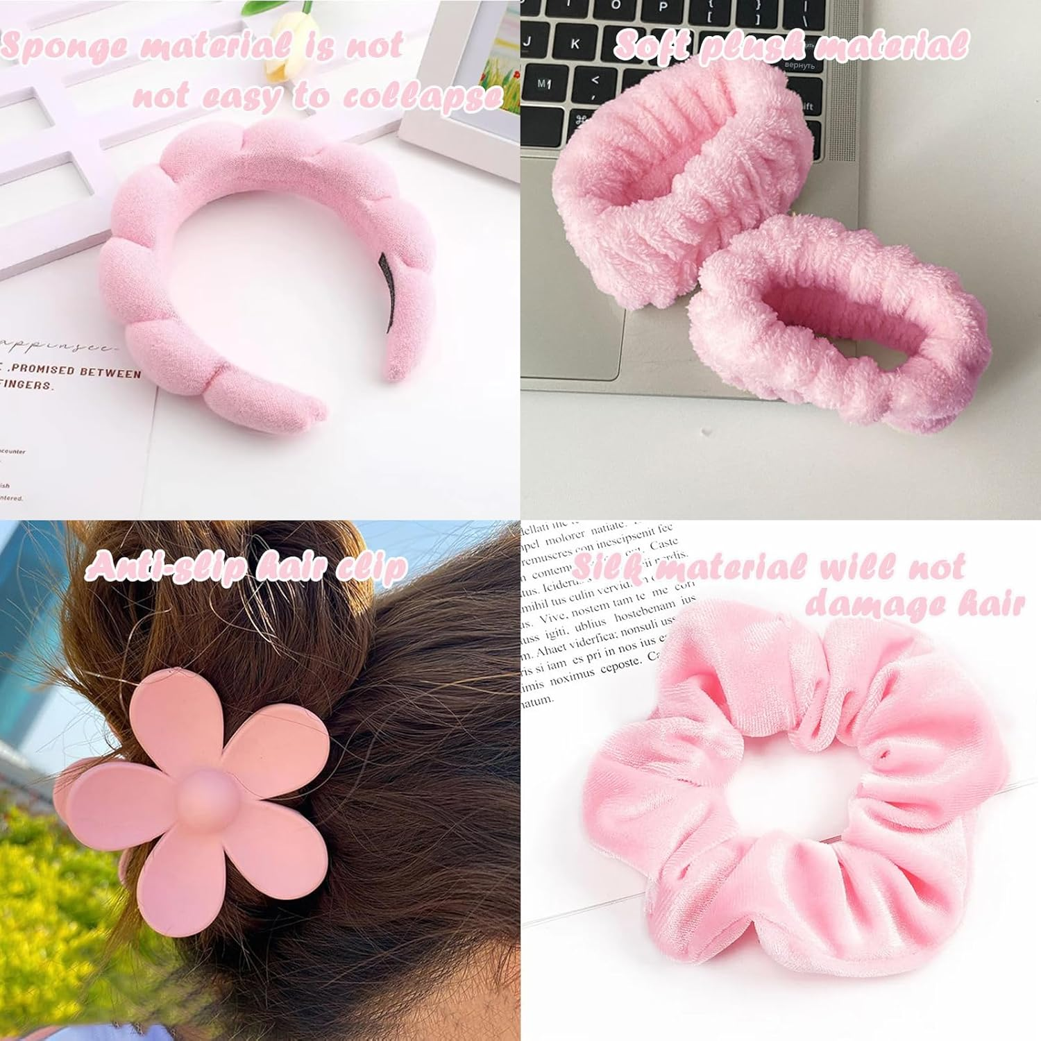 6 Piece Hair Band Cosmetic Set with Spa Headband, Elastic Makeup Hair Band for Girls and Women, Spa Headband, Makeup Headband, for Skin Care, Facial Cleansing, Shower, Pink image number 6