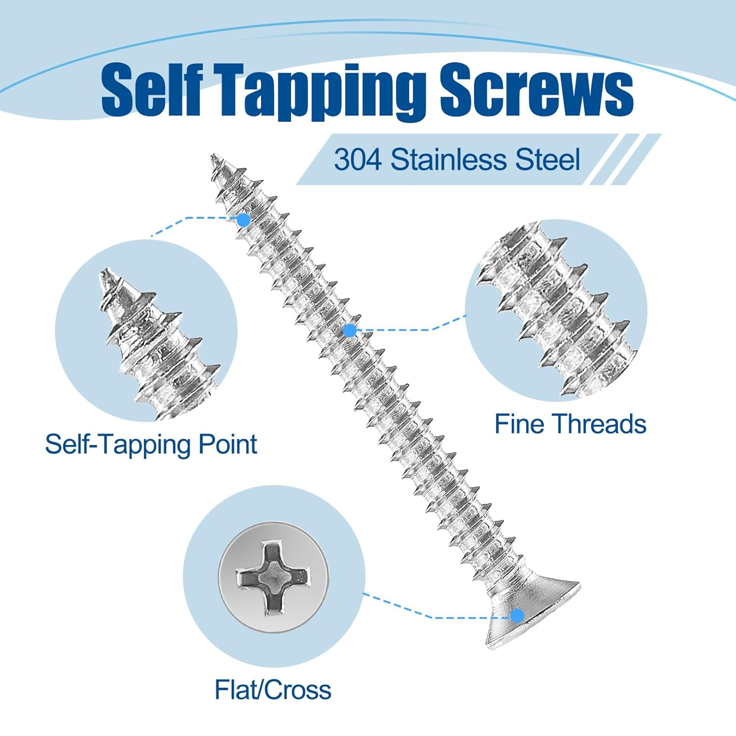 #8&times;5/8&Prime; Wood Screw 350Pcs, 304 Stainless Steel Screws, Flat Head Phillips Fast Self Tapping Screws image number 1