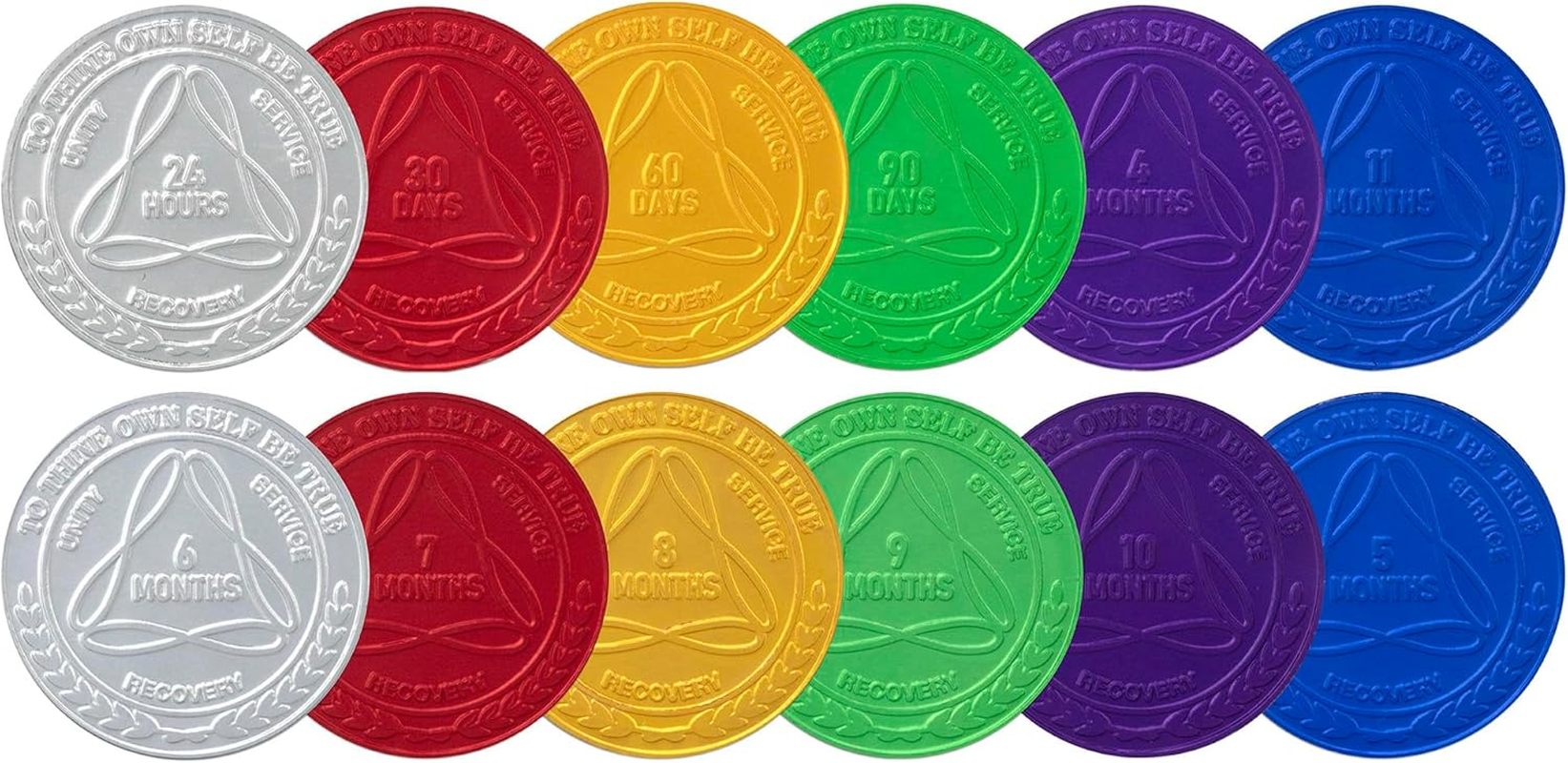 Infinity Aluminum AA Meeting Newcomer Sobriety Chips/Coins/Tokens - Complete Set of 12 Medallions - Includes: 24 Hours, 30/60/90 Days, 4/5/6/7/8/9/10/11 Months image number 2