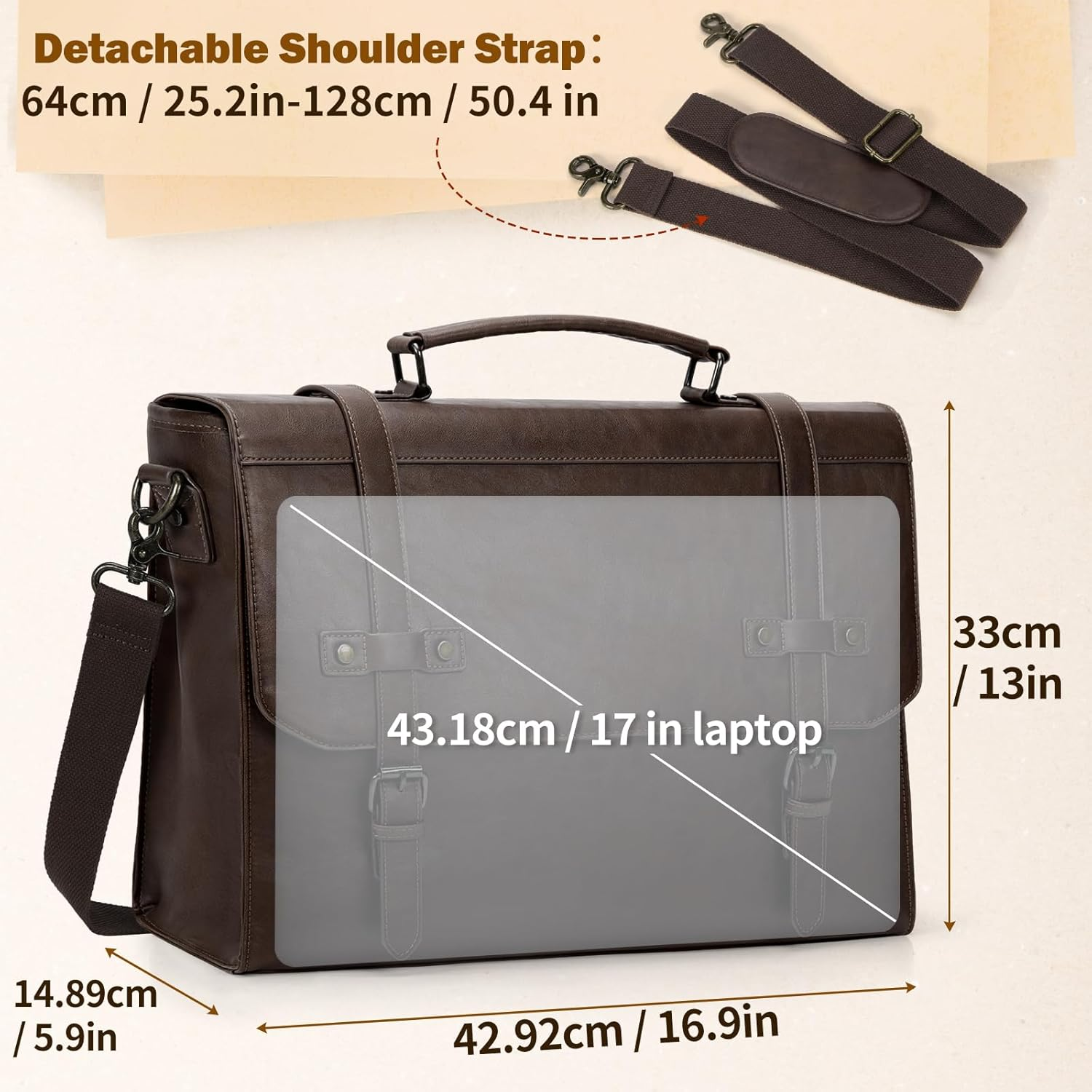 Mens Messenger Bag 17 Inch Waterproof Vintage Leather Laptop Briefcase Large Laptop Bag Satchel Bag Computer Shoulder Bag - Coffee image number 4