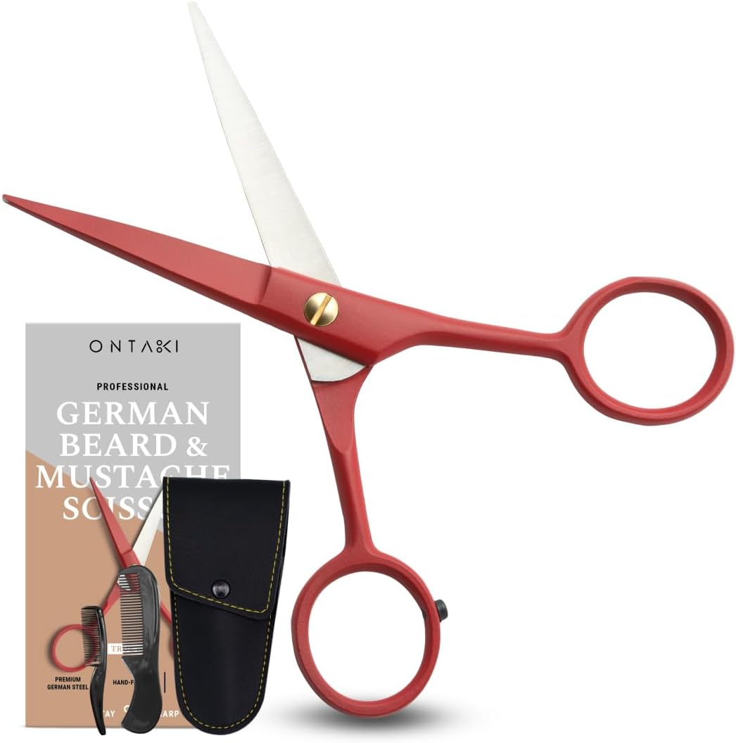 Ontaki Beard Scissors & Mustache Scissors - 5-Inch, True Red - Professional Mustache Grooming Kit - Travel Facial Grooming Kit for Men - Beard Comb Included - Midnight Blue image number 3
