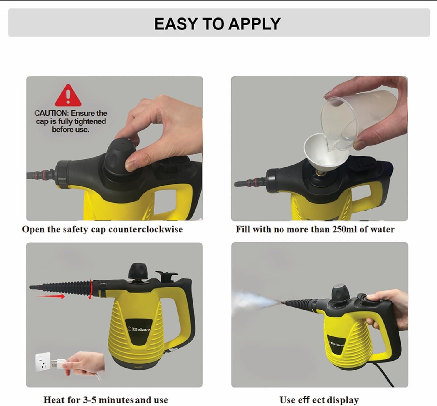 Belaco Multipurpose Steam Cleaner Handheld with 9 Pieces Accessory Kit for Multipurpose Yellow Portable Steamer for Stain Removing Tiles Kitchen Bathroom Garment Car Seats & More 1050W British Plug