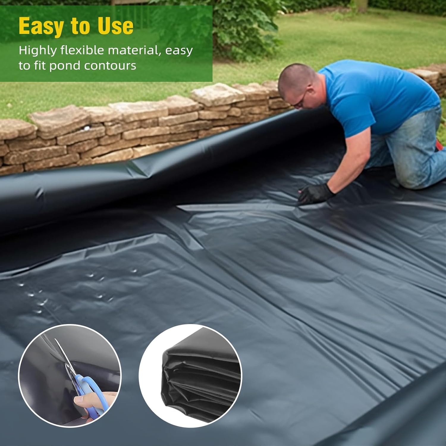 Heavy Duty Pond Liner 3 X 4M | 24Mil Thick HDPE Waterproof Membrane for Outdoor Fish & Koi Ponds, Garden Waterfalls & Backyard Water Features, Supports up to 1900L（500Gallon image number 3