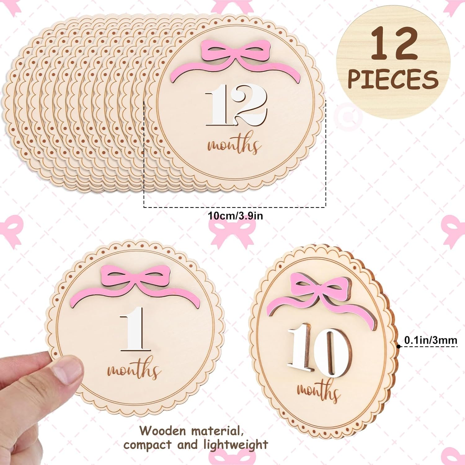 12 Pcs Pink Bow Baby Monthly Milestone Cards Bowknot Wooden Marker Discs Month Announcement Sign for Pregnancy Newborn Baby Growth Photo Prop Decor Supplies image number 1