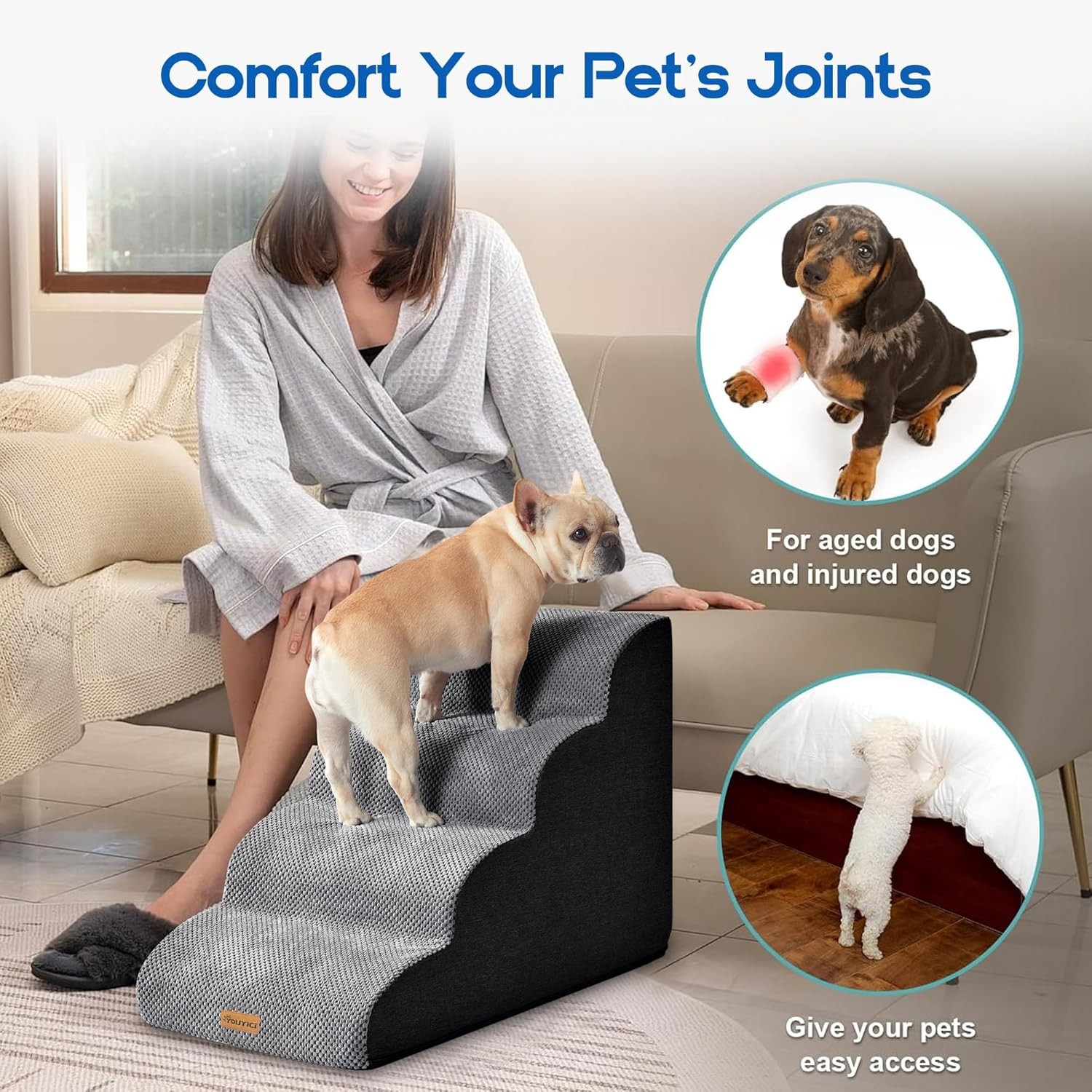 YOUYICI Dog Stairs Ramp for Small Dog, 4 Steps High Density Foam Pet Stairs Ramps, Pet Stairs for Cats, Non-Slip Balanced Pet Steps Indoor, Grey image number 6