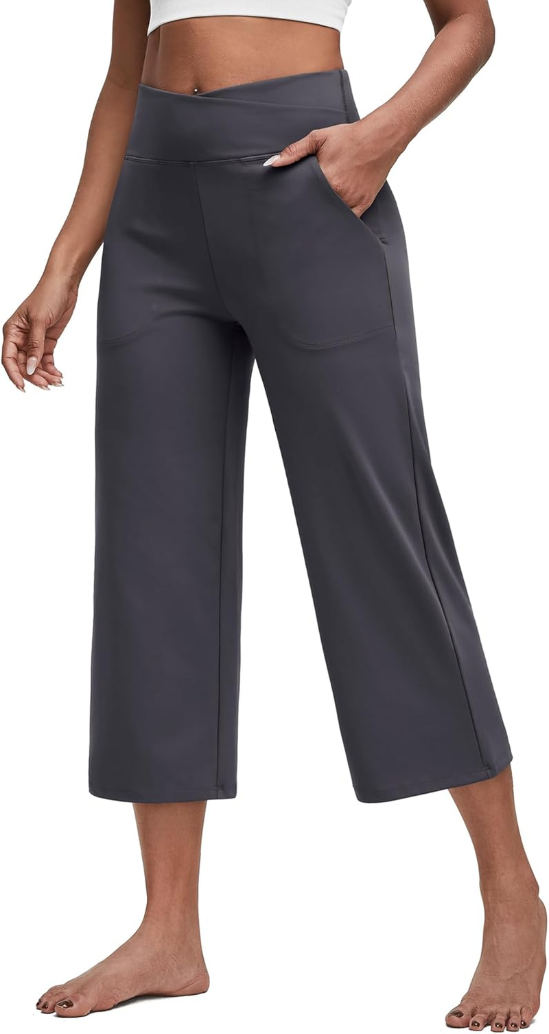 G4Free Capri Pants for Women Wide Leg Yoga Dress Capris with Pockets Cross Loose Casual Work Crop Pants