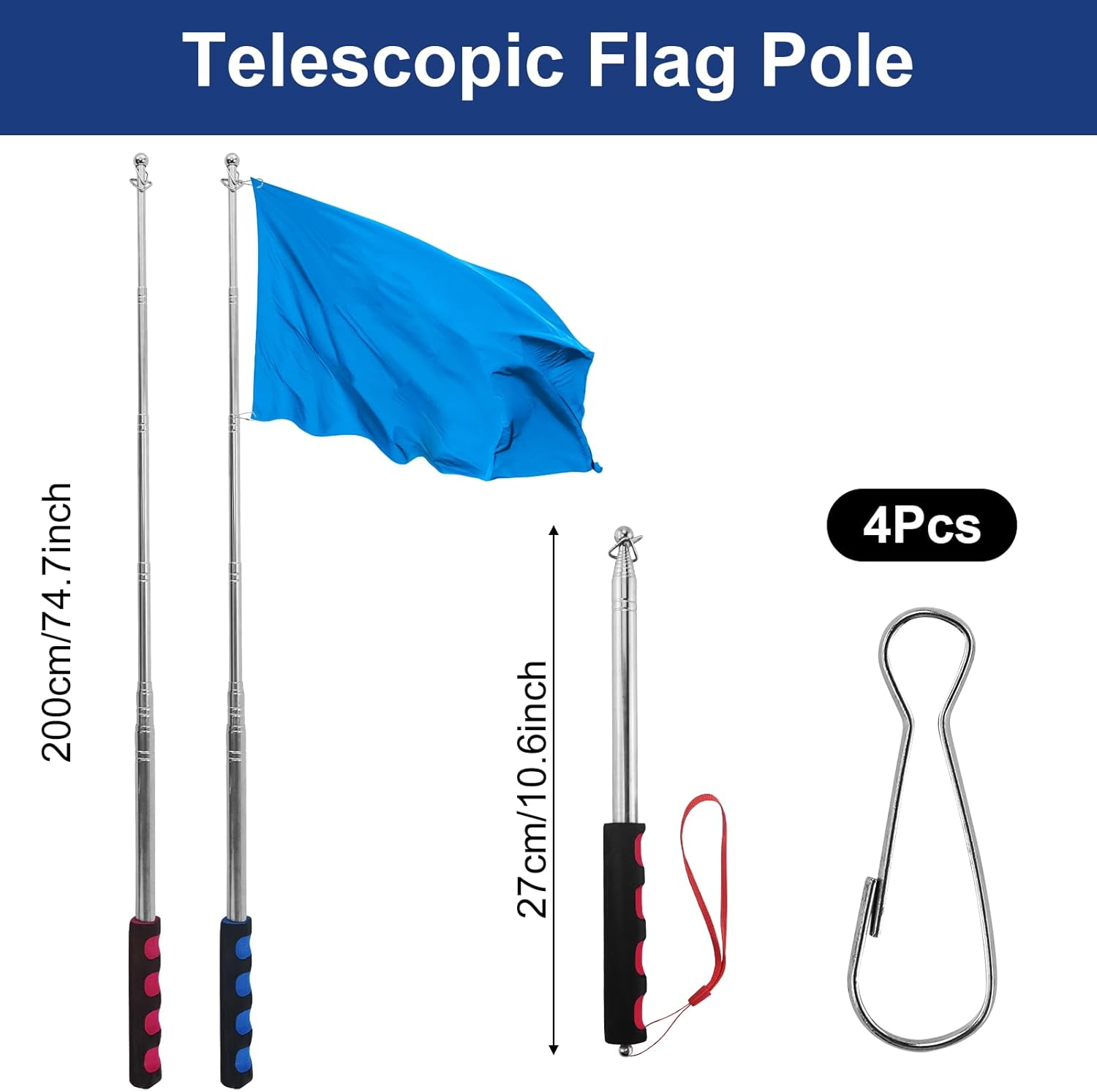 6.5Ft (200Cm) Telescopic Handheld Flagpole, 2 Pcs Retractable Banner Pole Portable Tour Guide Flag Pole Pointer Stainless Steel Teaching Pointer Stick for Tour Guide Teaching (Blue & Red) image number 4
