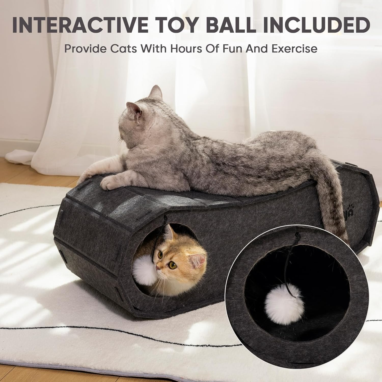 NATUYA Cat Scratching House,Cat Cave Bed for Indoor Cats, Cat Tunnel House for Multiple & Large Cats up to 10KG, Scratch Resistant Felt Cat Caves, Foldable Cat Hideaway Bed (70 X 29 X 24Cm，Black) image number 4