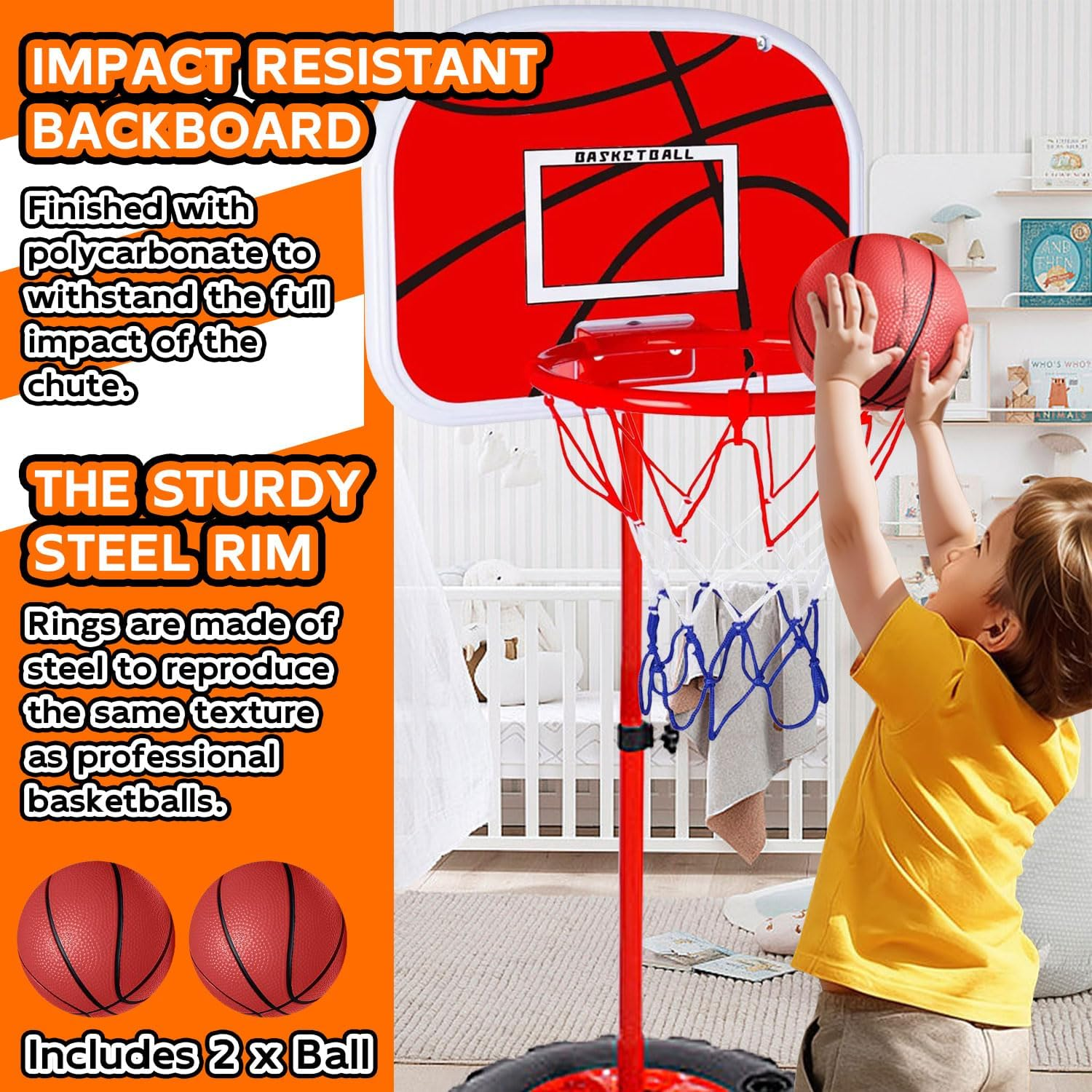 Children'S Basketball Hoop, Height Adjustable Indoor Outdoor Mini Basketball Toy with 2 Basketballs & 1 Pump for Babies, Children, Boys, Girls from 3 to 8 Years (150 Cm) image number 5