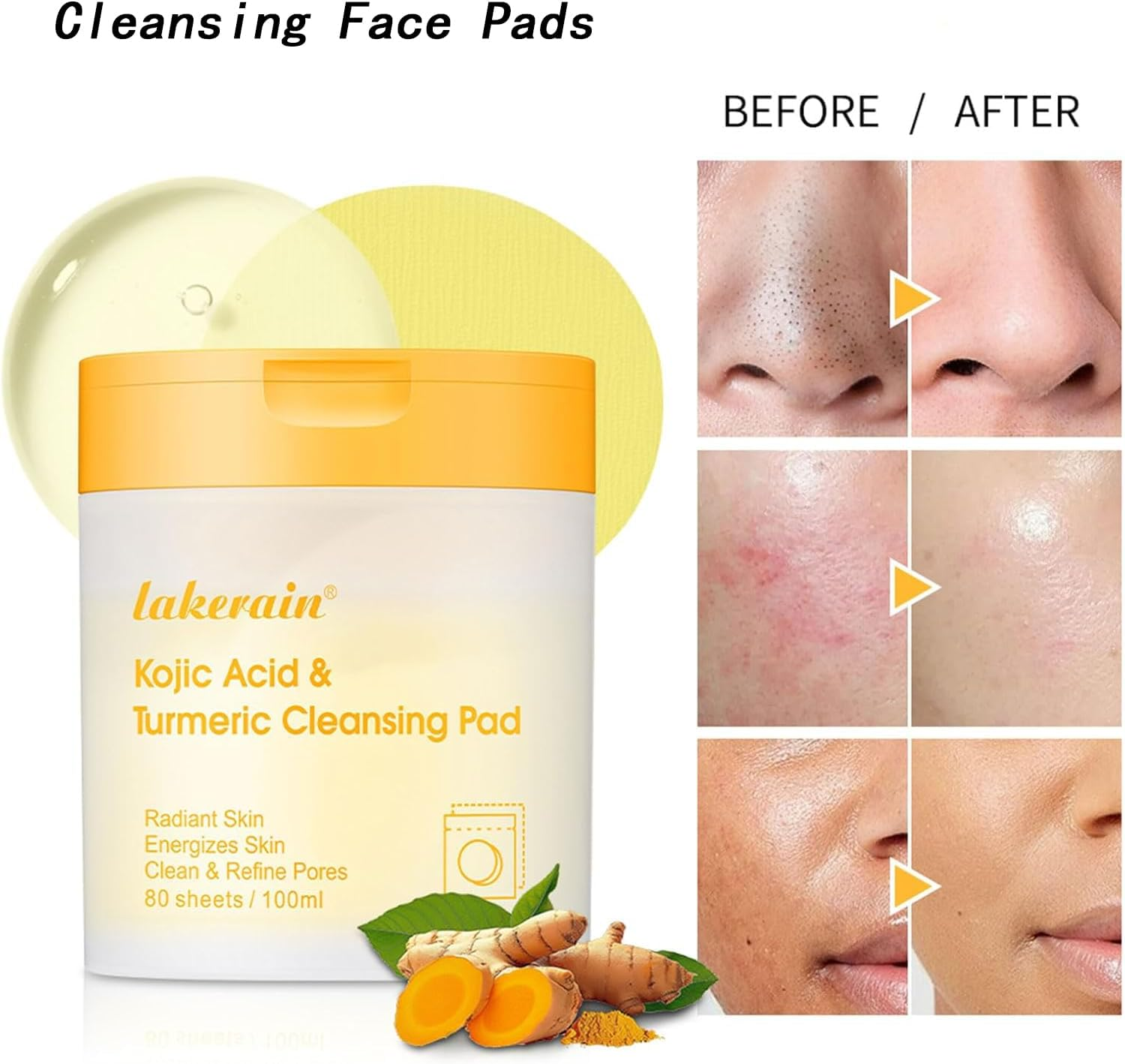 80Pcs Kojic Acid Turmeric Cleansing Face Pads,Turmeric Cleansing and Exfoliating for Face&Body image number 4