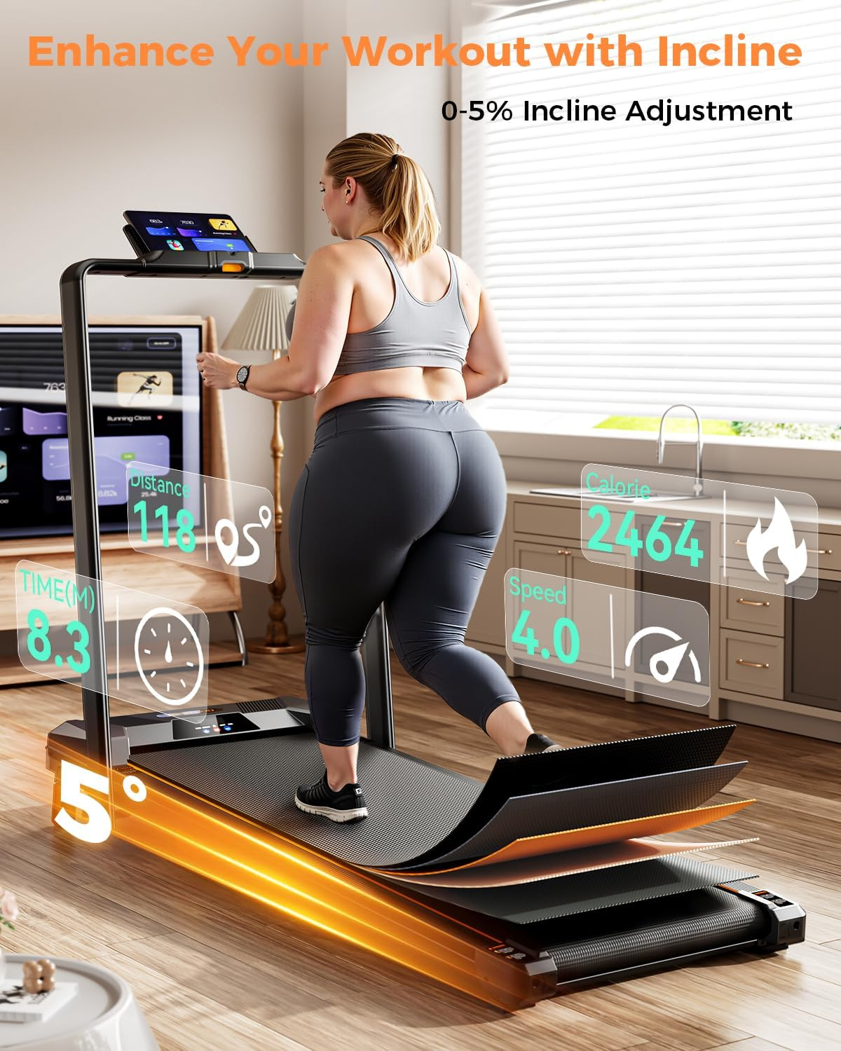 Walking Pad with Handle Bar, Bestgod Treadmills for Home Office 150Kg Capacity Foldable under Desk Treadmill 5% Walking Treadmill with Incline 2.5 HP Folding Treadmills with Remote Control image number 3