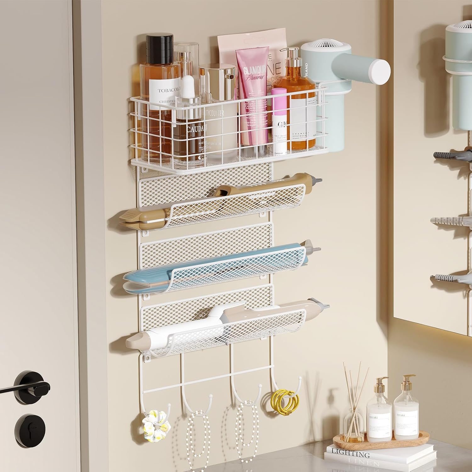 Wall-Mounted Hair Dryer Holder Styling Tool Organizer 4-Shelf Storage Wire Basket with Hook Heat Safe Rack for Hair-Straighteners,Curling Wands,Flat Iron,Perfume,Cabinet Door Bathroom Kitchen