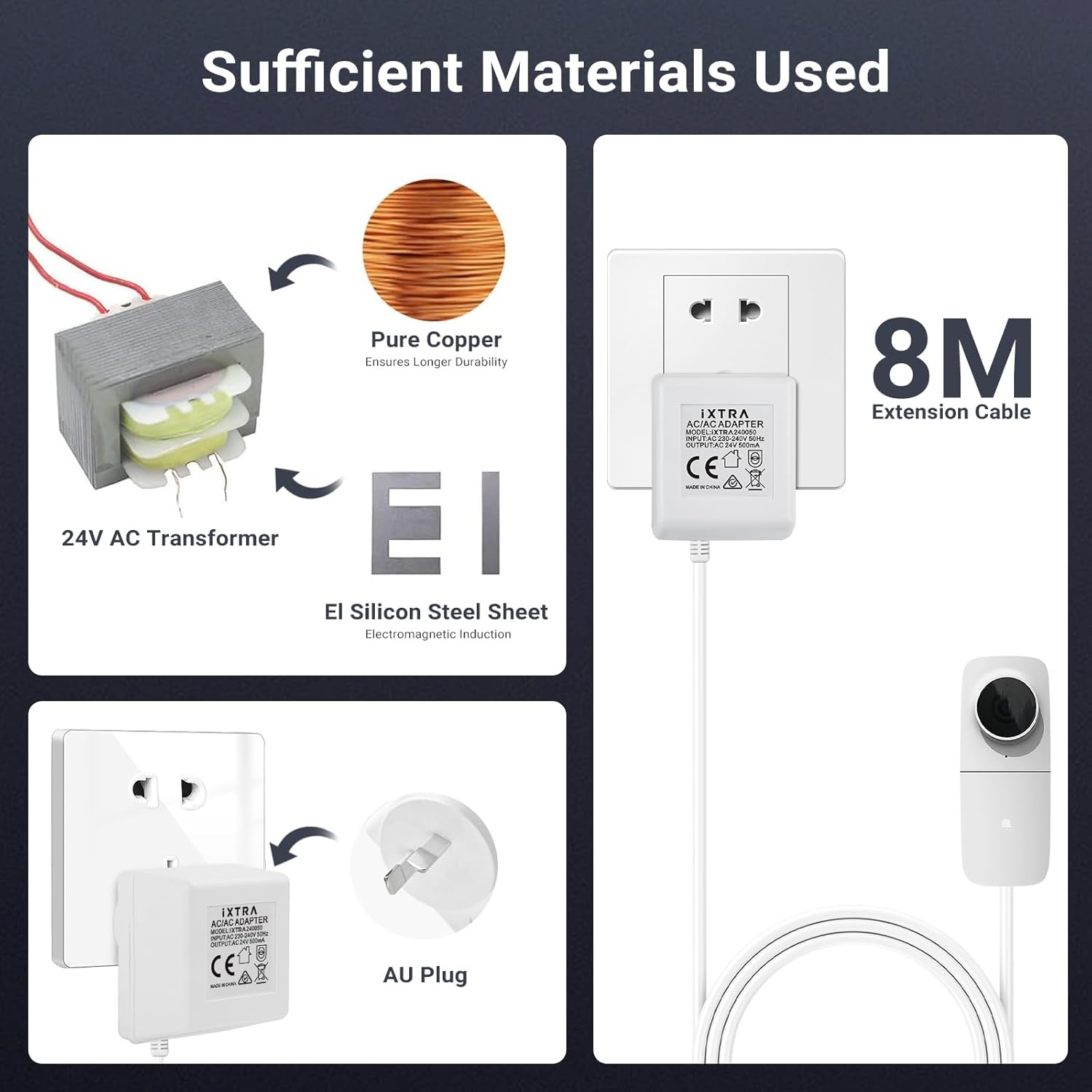 IXTRA Doorbell Transformer, 24V 500MA AC/AC Power Adapter for Ring Video Doorbell, 8M C Wire Adapter Compatible with Thermostat for Ecobee, Sensi and Honeywell, AU Plug 8M Long Cable,White image number 1