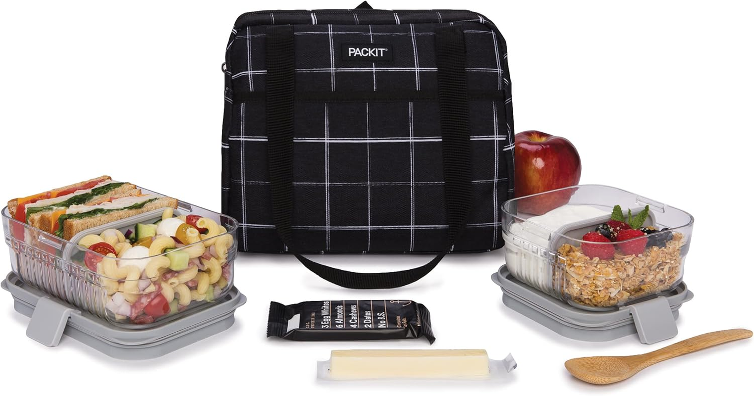 PACKIT Freezable Hampton Tote Bag - Stylish Design Picnic Lunch Cooler Bag for Travel, Cool On-The-Go Convenience - 27X20X22Cm (Black Grid) image number 1