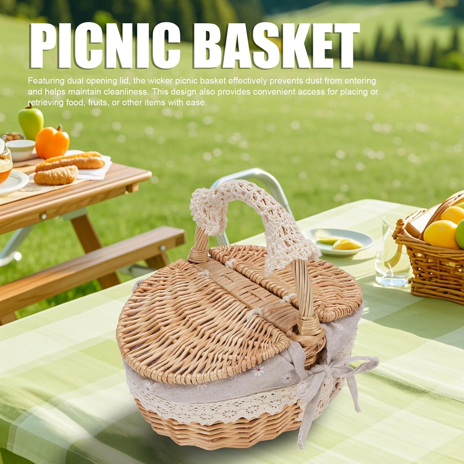 Wicker Picnic Basket with Removable Liner, Empty Picnic Hamper with Lid and Handle for Outdoor Camping, Wicker & Linen Cotton, 25.5X18X25Cm (Daisy) image number 1