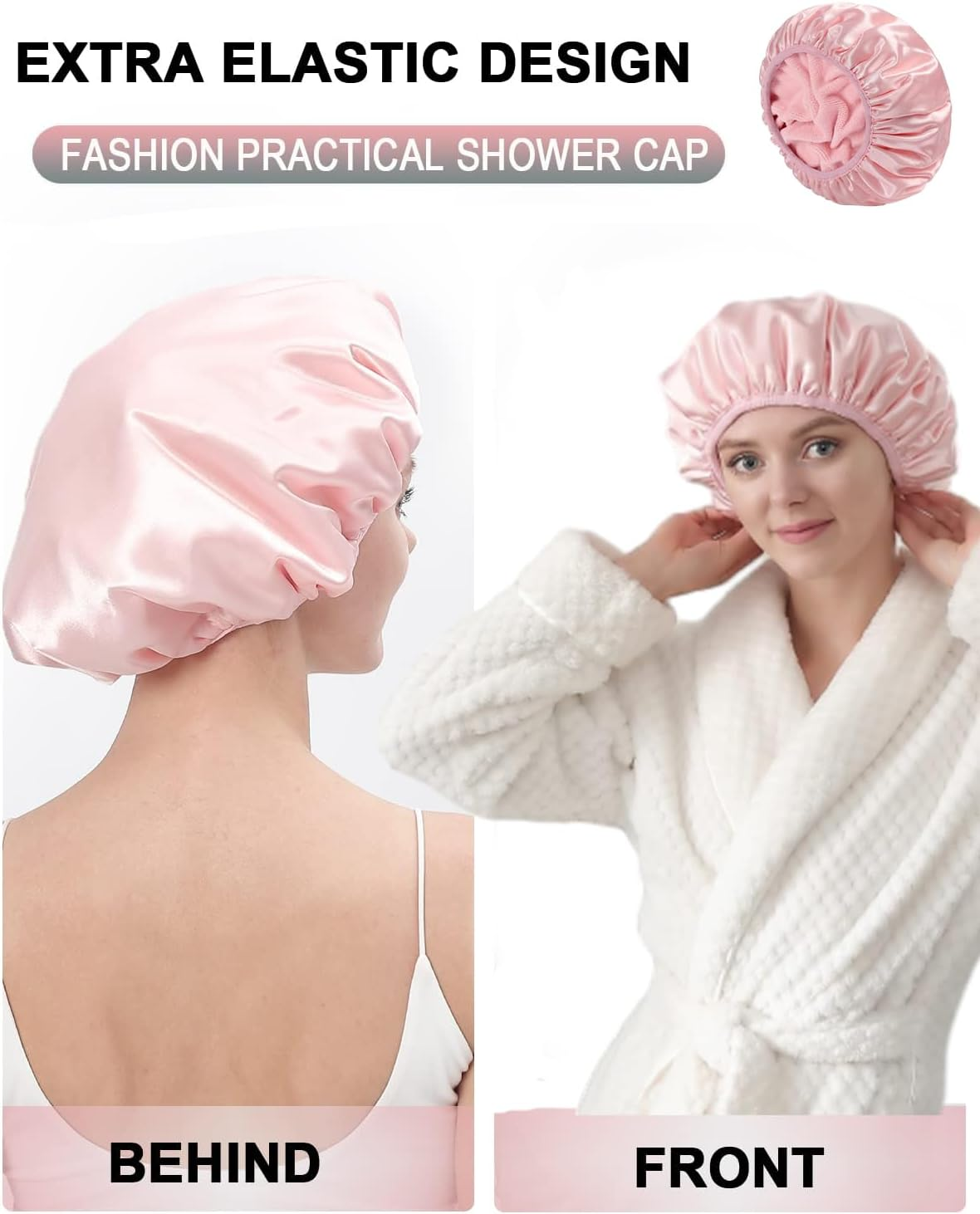 Terry Lined Triple Layer Large Shower Cap for Women - Reusable, Waterproof & Washable - Soft Bath Cap for Long Thick Hair Protection - Pink - Ideal for Hair Care & Styling