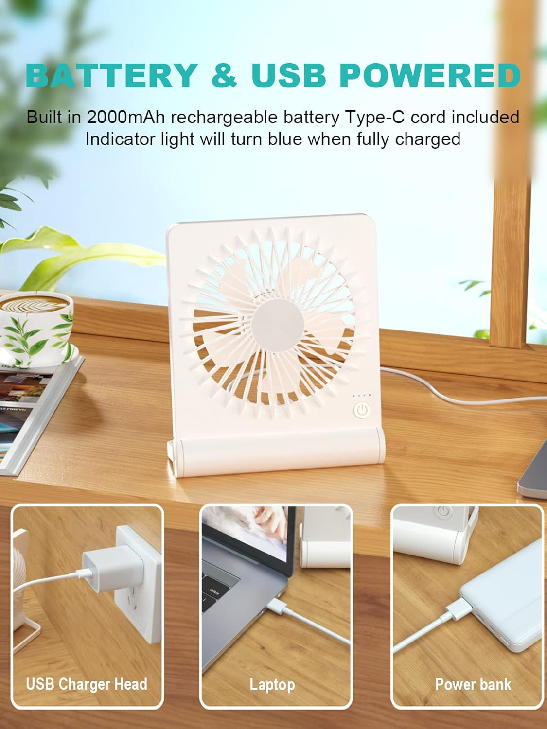 Small Desk Fan, 2000Mah Rechargeable USB Fan Battery Operated,Ultra Quiet, Strong Wind, 3 Speeds & about 4-12 Hours Longer Working, 180&deg;Foldable Mini Desktop Fan for Home Office Travel Outdoor-White - Black image number 4