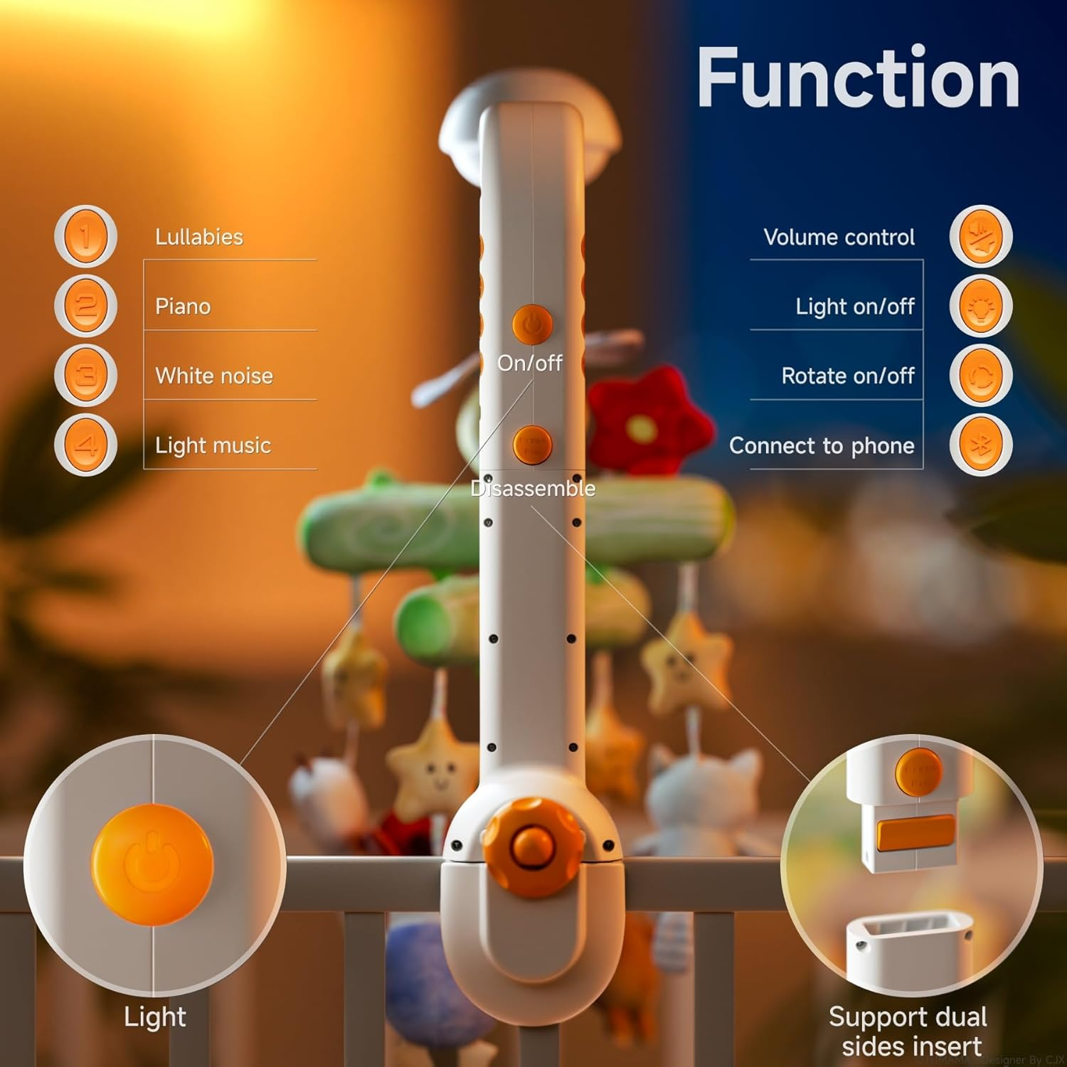 TUMAMA Baby Crib Mobile, Music and White Noise, Mute Spin Motor Nursery Toys with Projection Night Light, Soft Plush Mirror Hanging Toys for 0 Month+ Baby image number 1