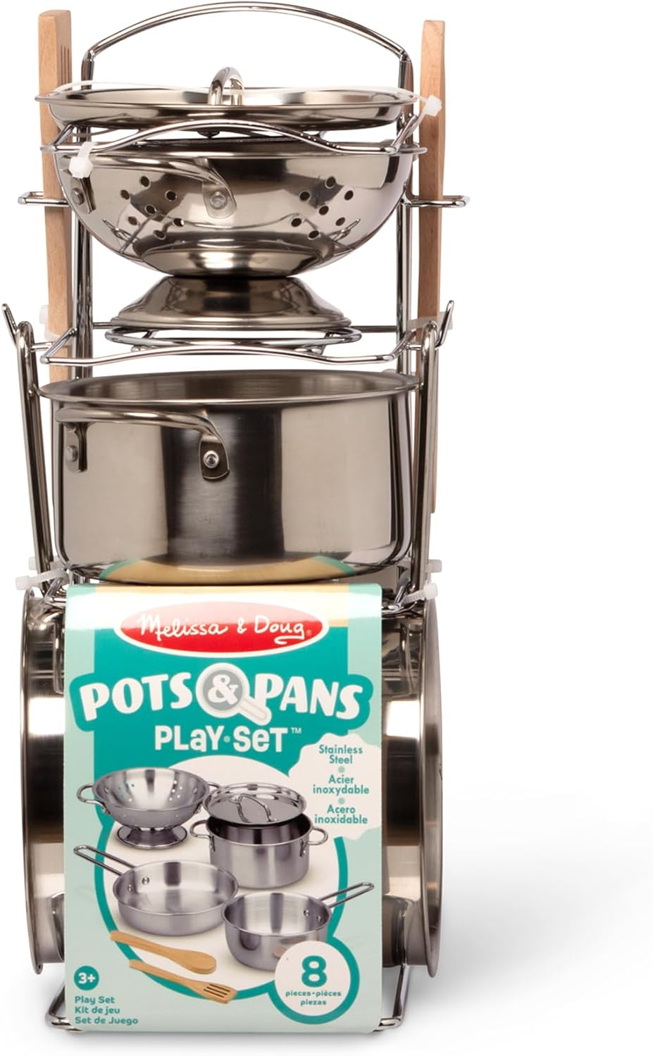 Melissa & Doug Stainless Steel Pots & Pans Pretend Play Kitchen Set &ndash; 8-Piece Cookware & Rack &ndash; Ages 3+ image number 3