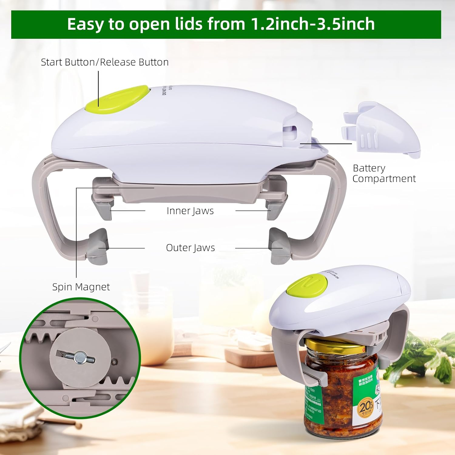 YUET Electric Jar Opener - Portable, Strong, and Hands-Free Automatic Opener for New Sealed Jars - Kitchen Gadget Tool with Large Push Button and Sharp Edge-Free Design (White) - White image number 4